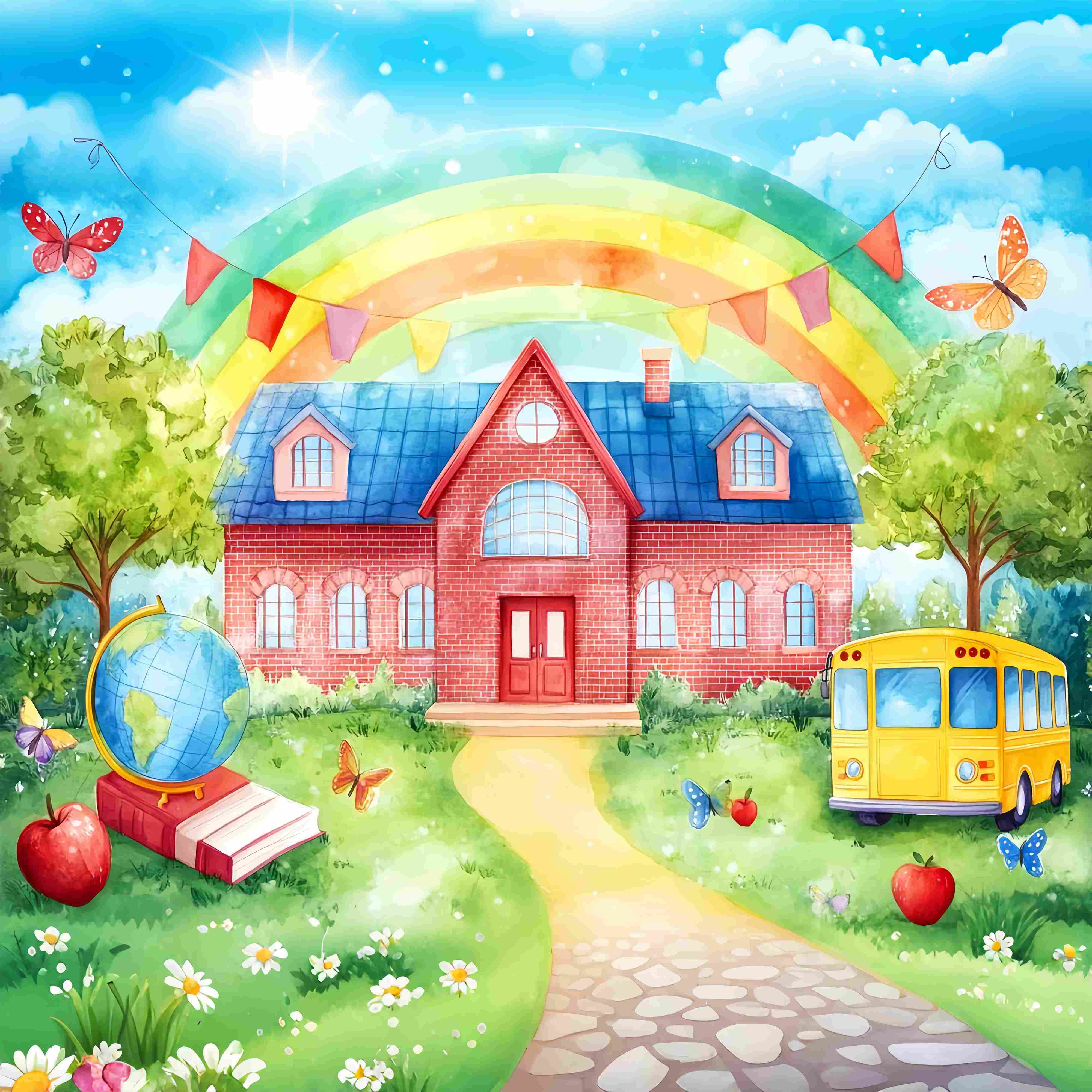 Preschool Photo Backdrops Rainbow Brick Schoolyard Bus Illustration Back To School Backdrop Ideas LXX58-127