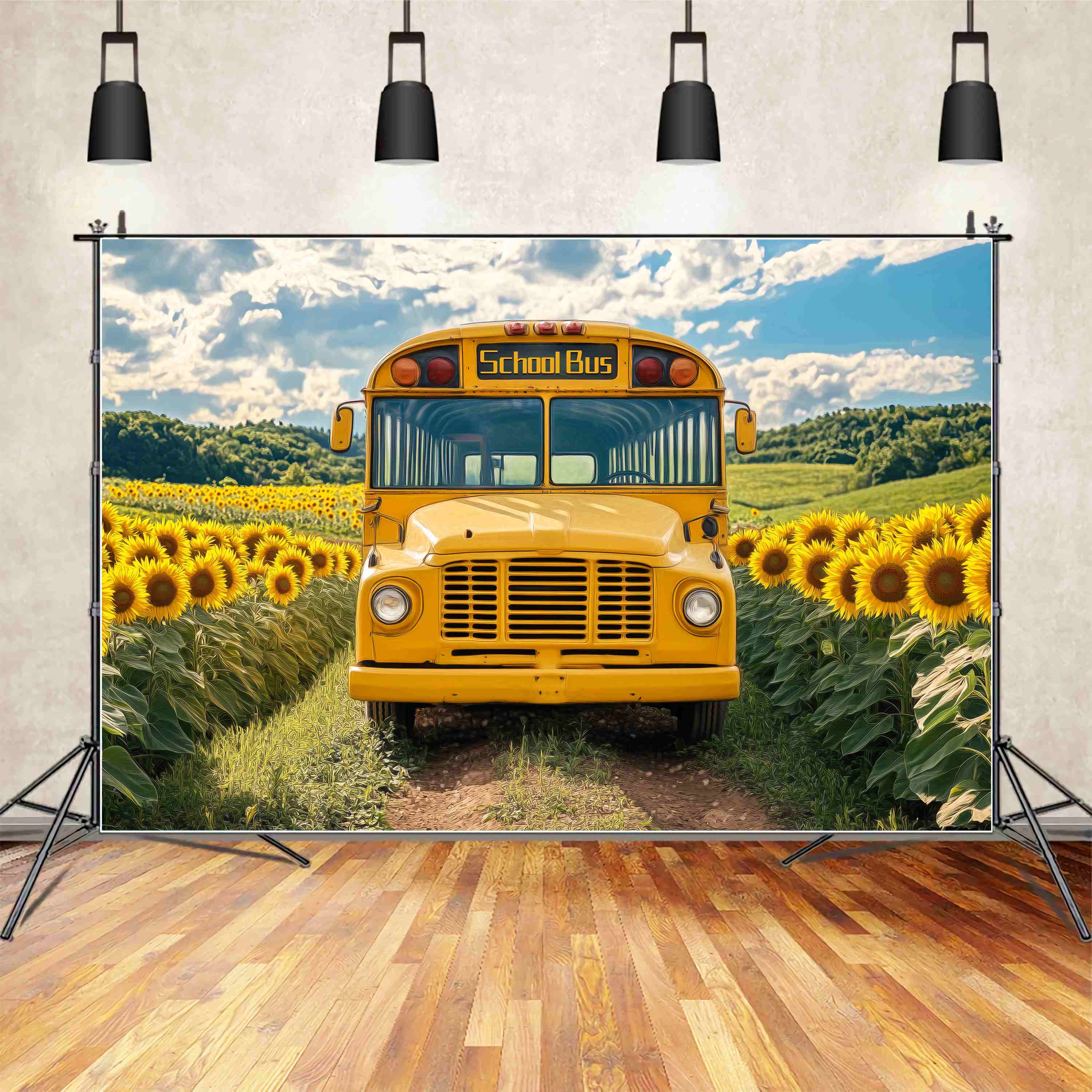 School Bus Backdrop Sunflower Field Vintage School Bus School Picture Backdrop LXX58-128