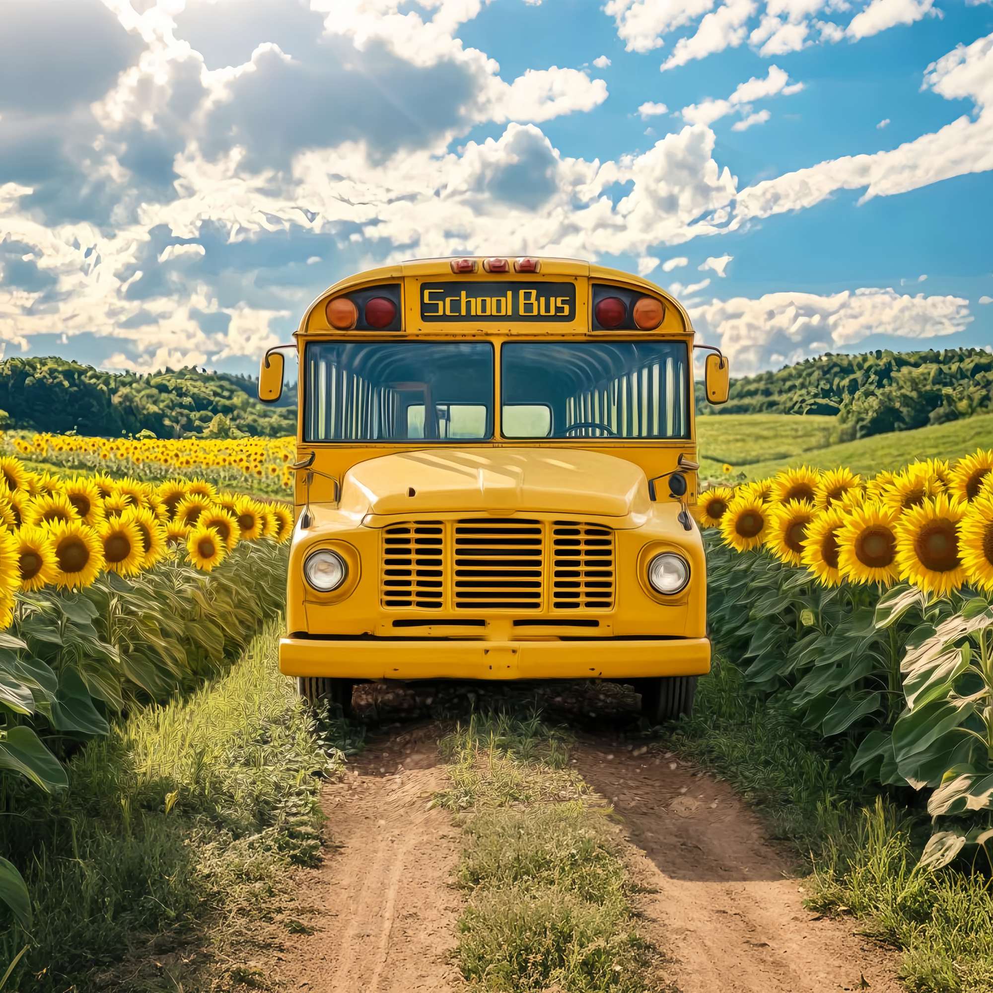 School Bus Backdrop Sunflower Field Vintage School Bus School Picture Backdrop LXX58-128