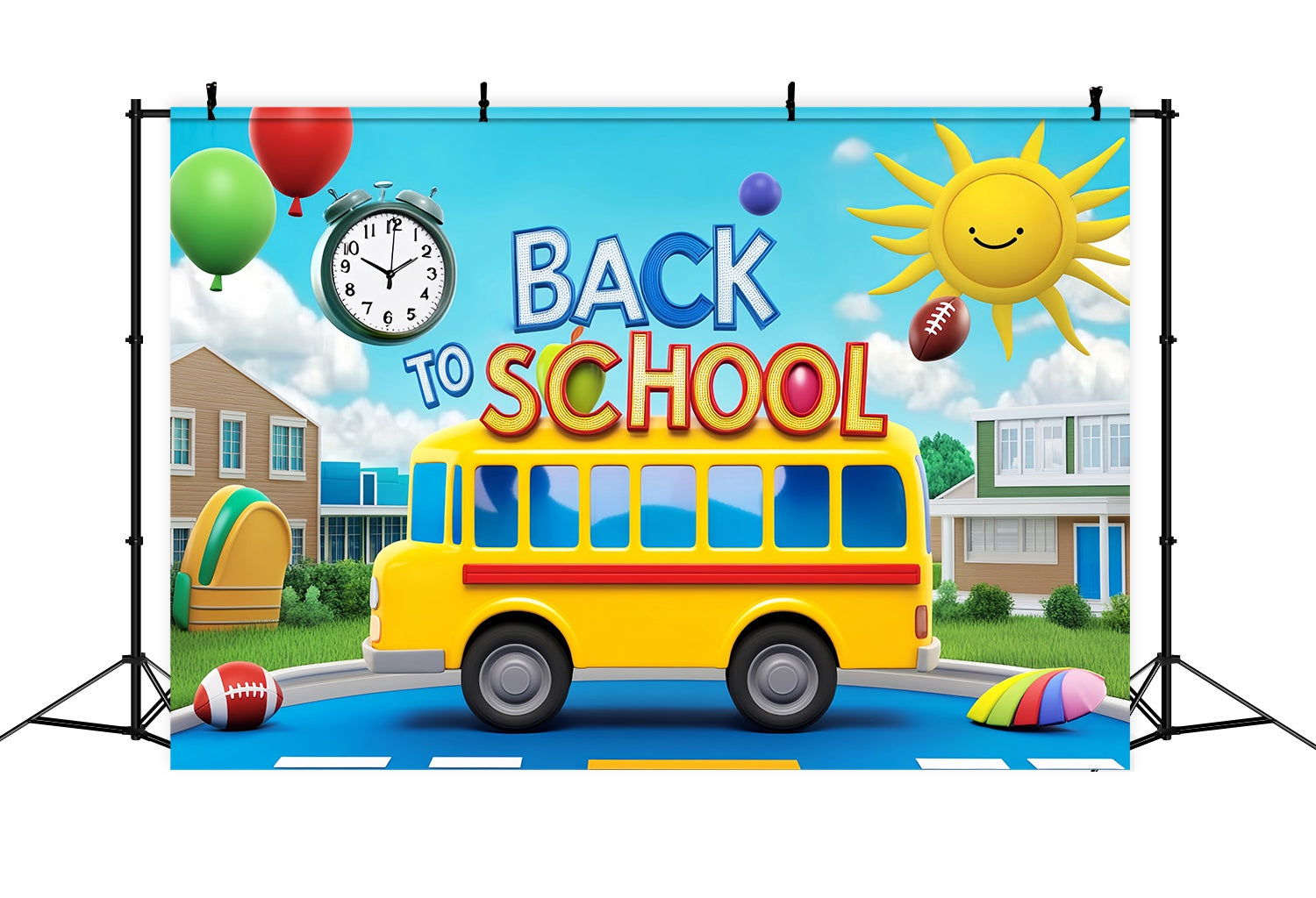 School Bus Backdrop Playful Cartoon School Bus Yard Back To School Photo Backdrop LXX58-129