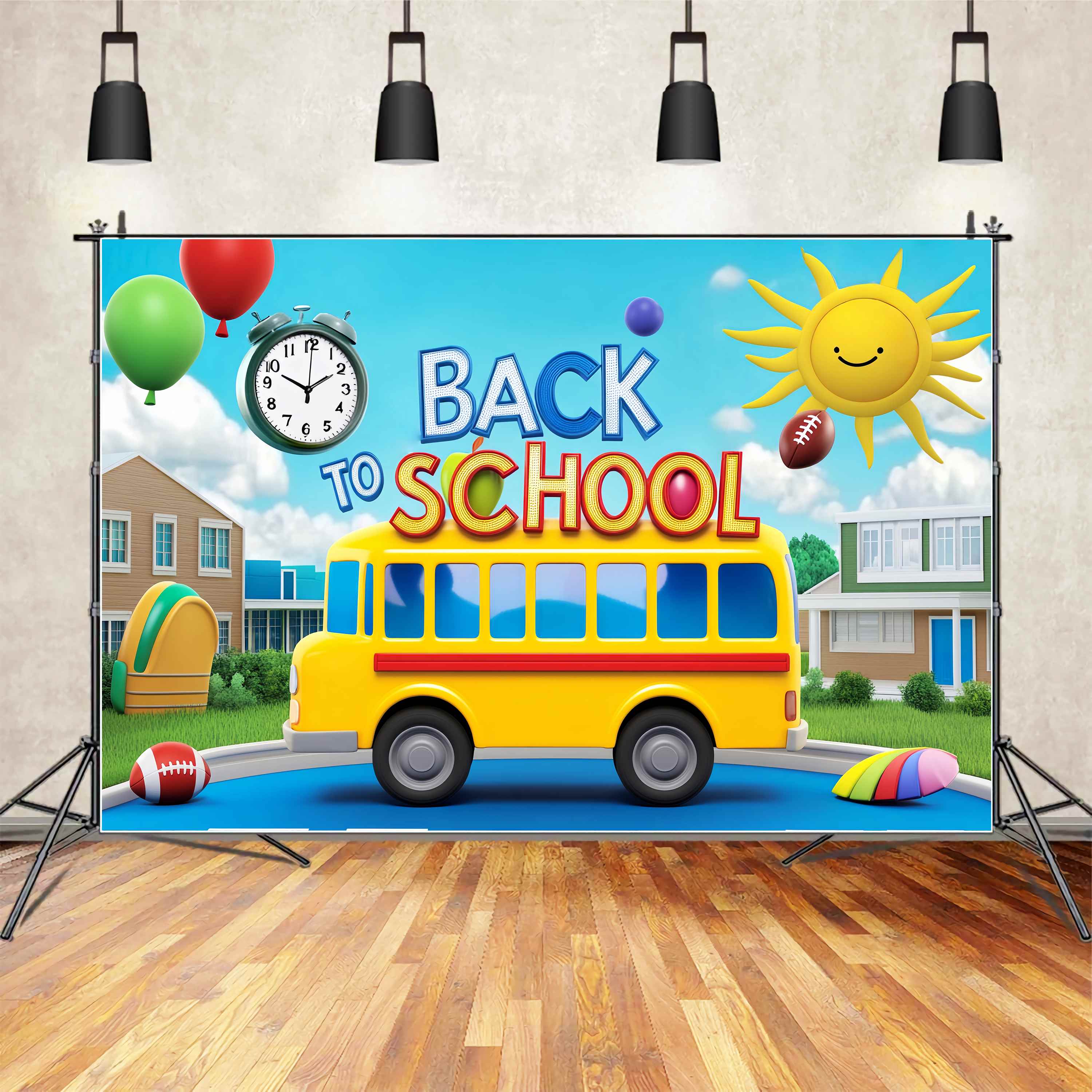 School Bus Backdrop Playful Cartoon School Bus Yard Back To School Photo Backdrop LXX58-129