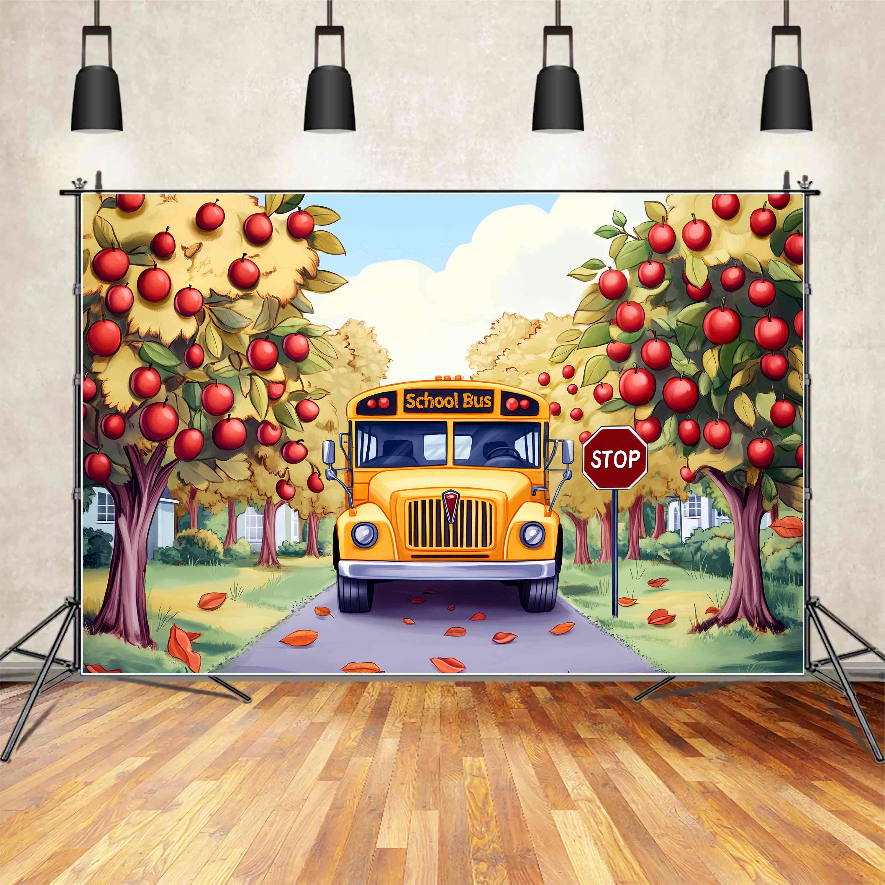 School Bus Backdrop Apple Orchard Autumn School Bus Back To School Backdrops LXX58-130