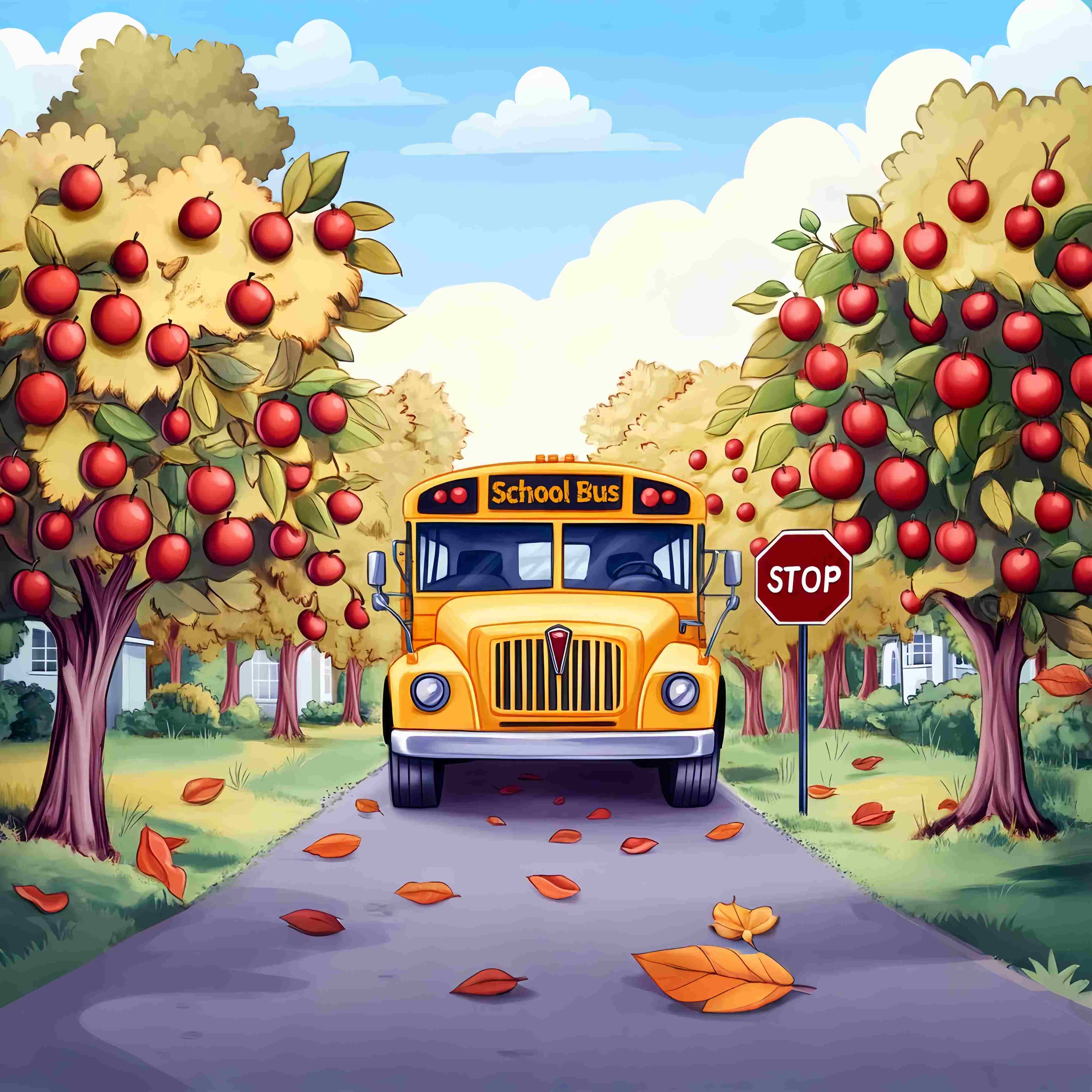School Bus Backdrop Apple Orchard Autumn School Bus Back To School Backdrops LXX58-130