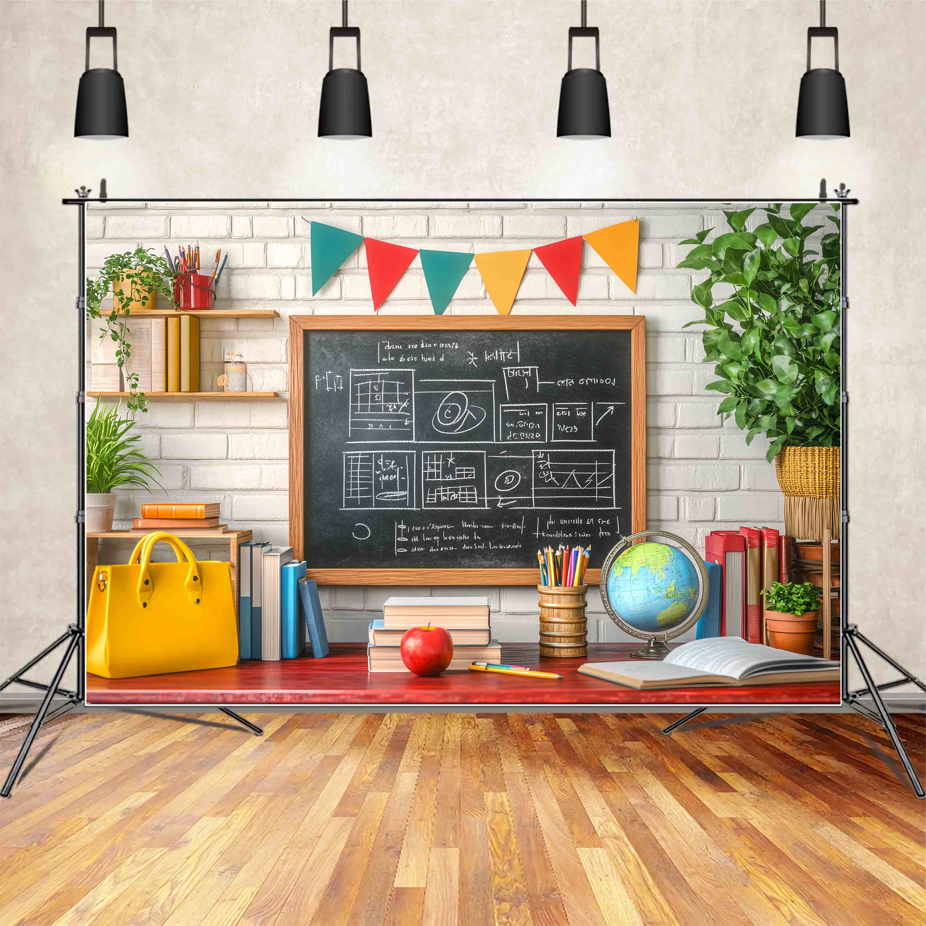 Back To School Chalkboard Backdrop Classroom Blackboard Books Globe Potted Plants Back To School Photo Backdrop LXX58-133