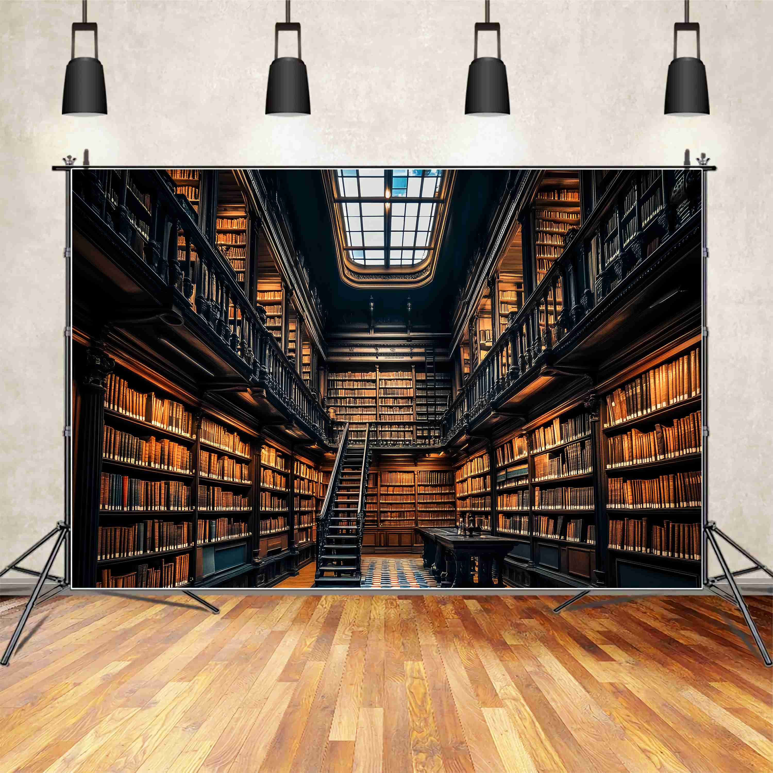 School Hallway Backdrop Grand Library Wooden Bookshelves Ladder Back To School Photography Backdrops LXX58-135