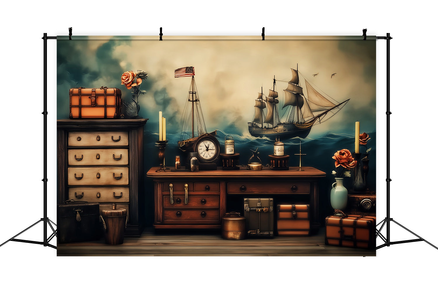 School Locker Backdrop Vintage Nautical Desk Sailing Ship Decor Back To School Backdrop Ideas LXX58-136