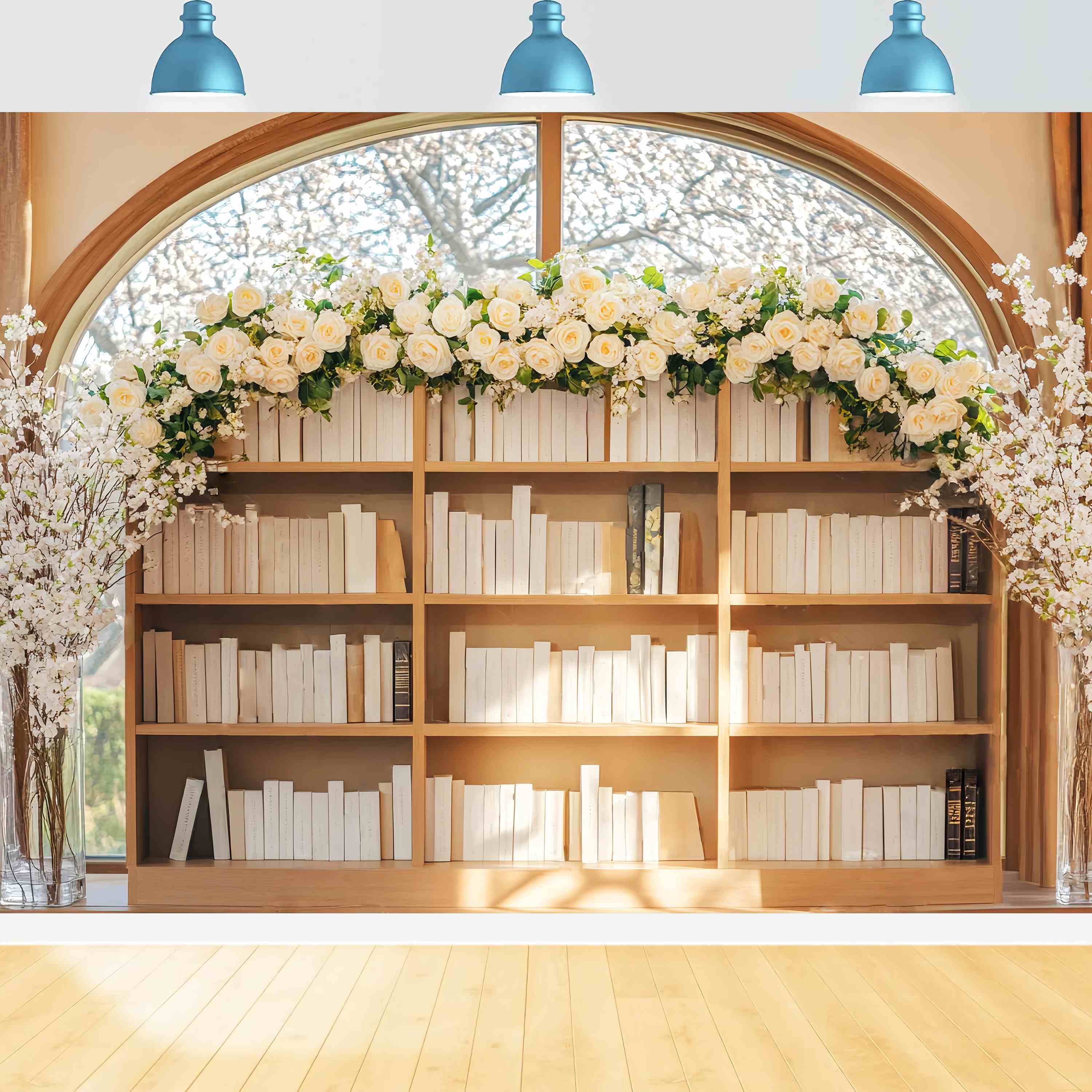 Back To School Backdrops Elegant Bookshelf White Roses Arrangement Bookshelf Backdrop LXX58-137