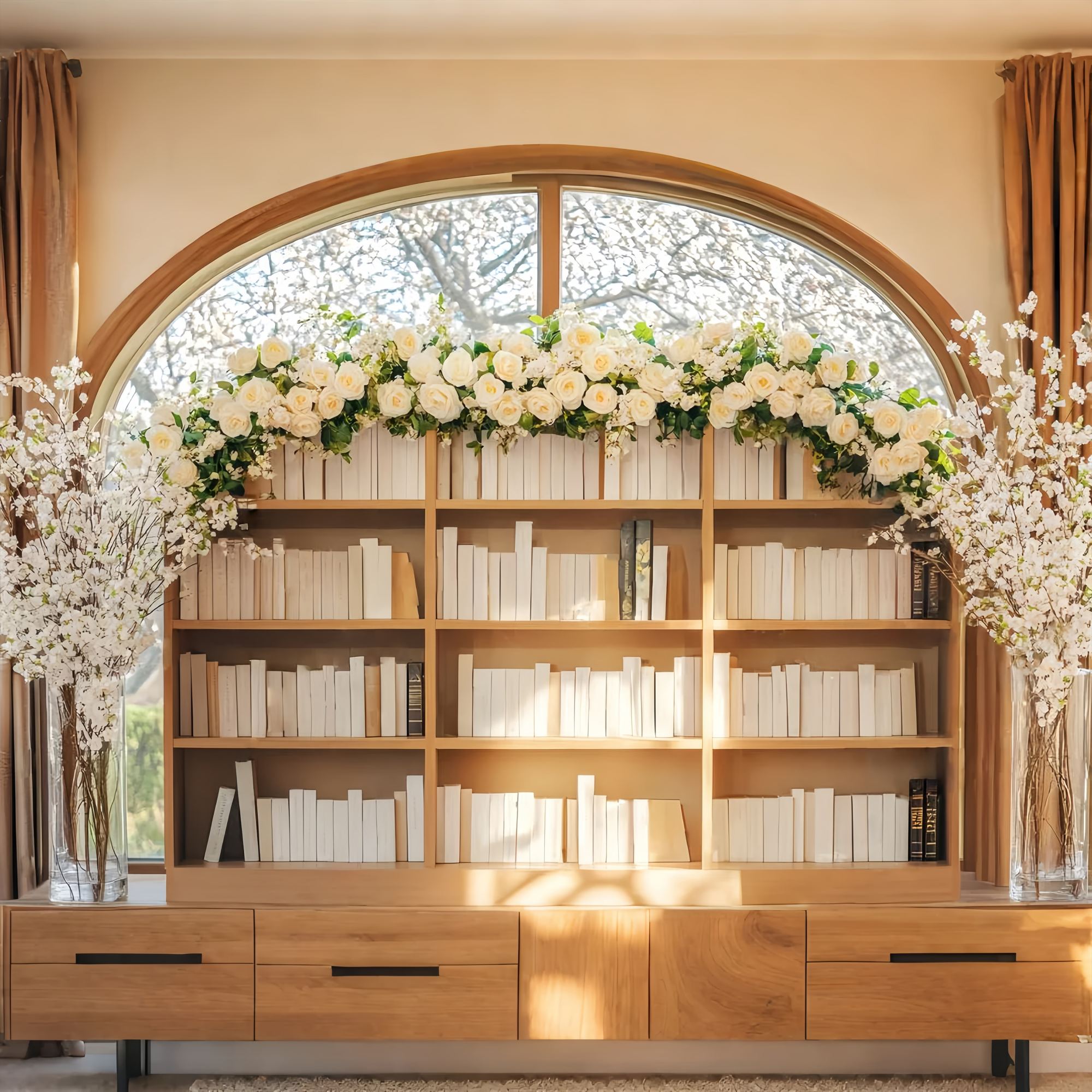 Back To School Backdrops Elegant Bookshelf White Roses Arrangement Bookshelf Backdrop LXX58-137