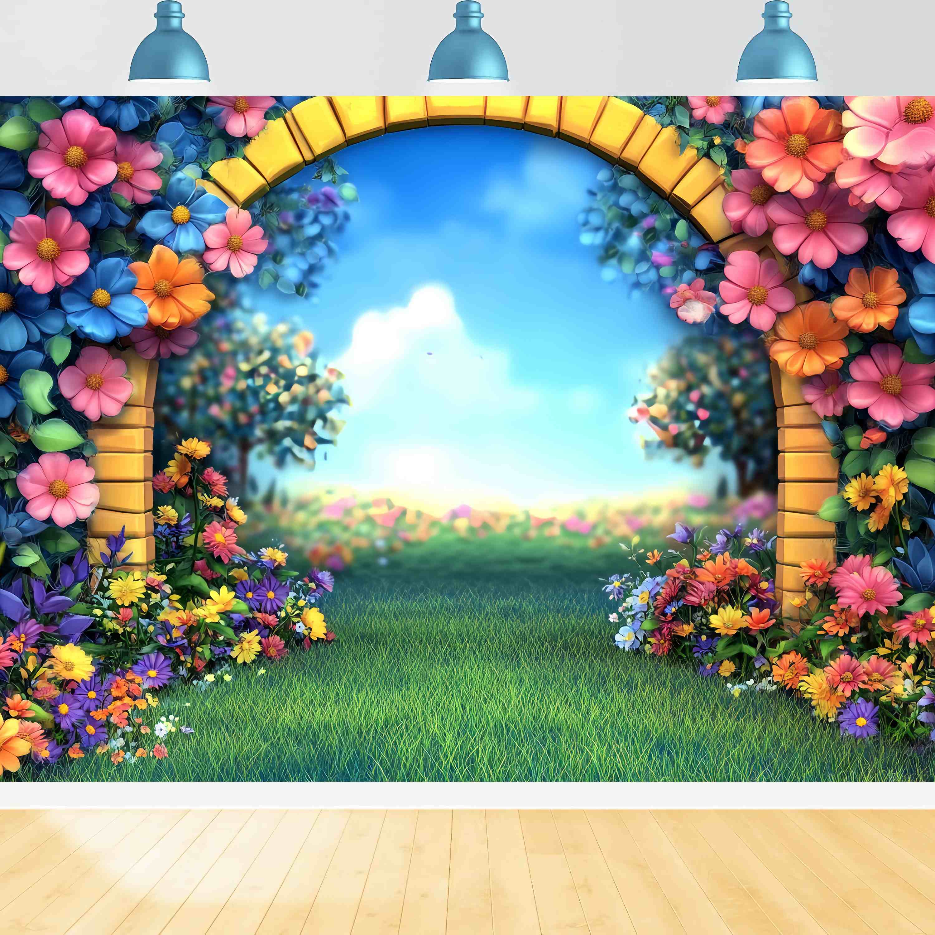Preschool Backdrop Cartoon Garden Arch Colorful Flowers Back To School Backdrops LXX58-138