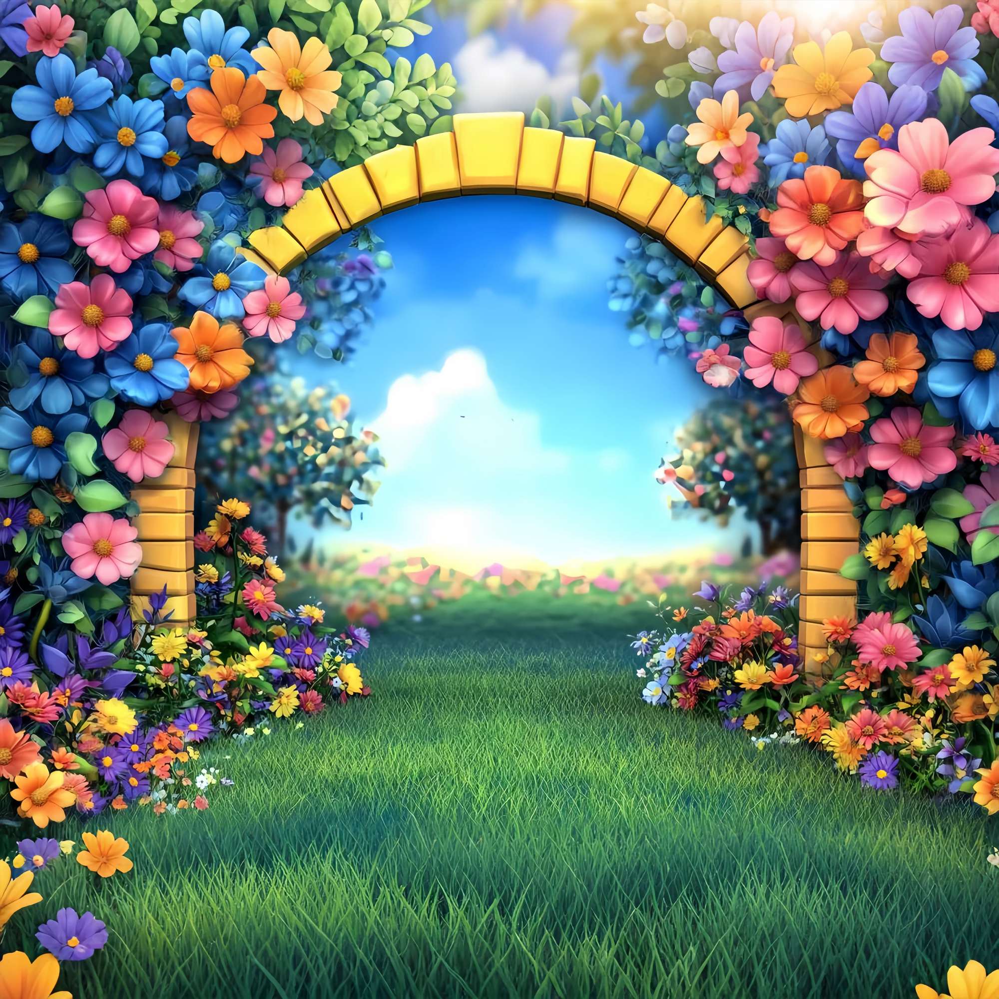 Preschool Backdrop Cartoon Garden Arch Colorful Flowers Back To School Backdrops LXX58-138
