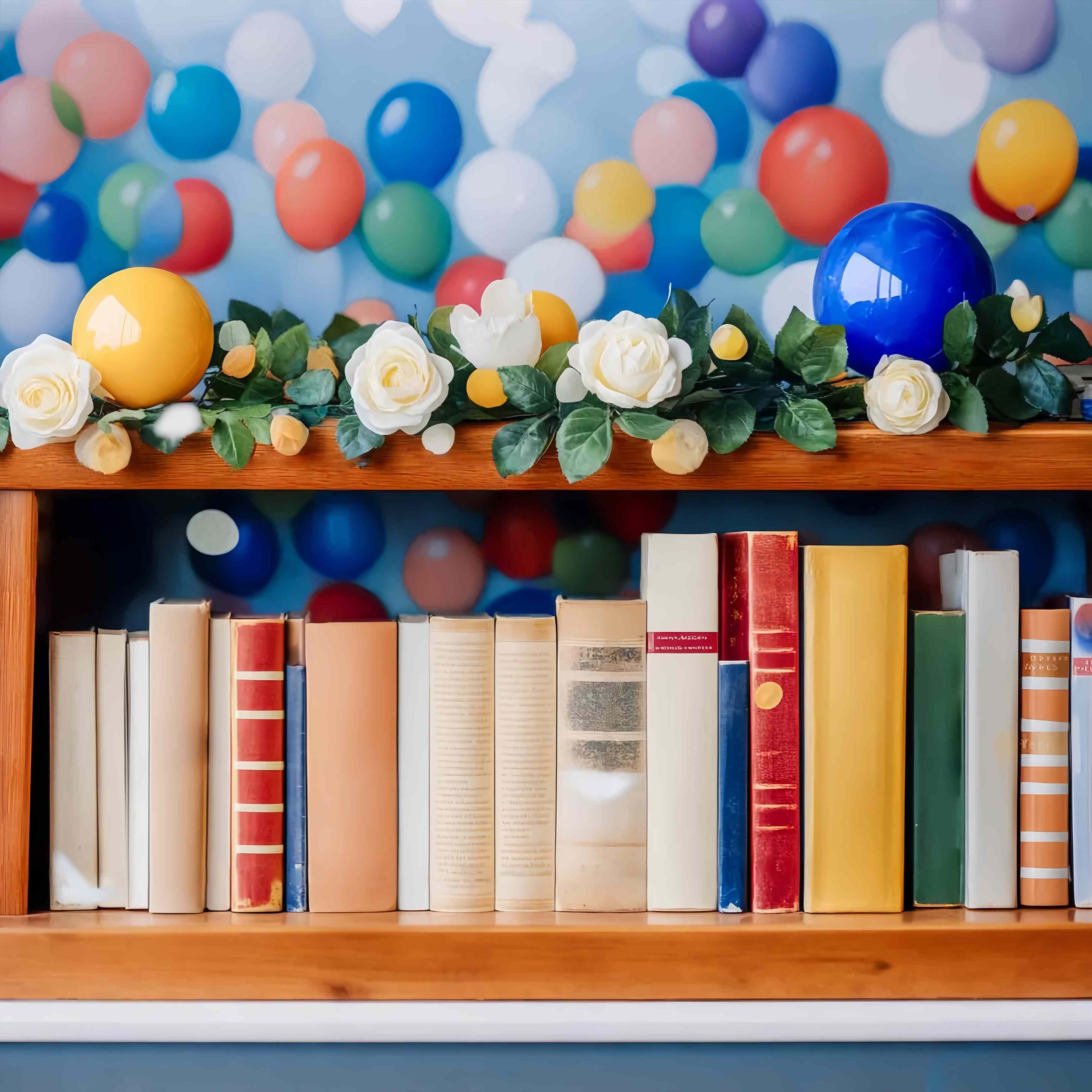 Preschool Backdrop Colorful Balloon Garland Bookshelf Back To School Photo Backdrop LXX58-139