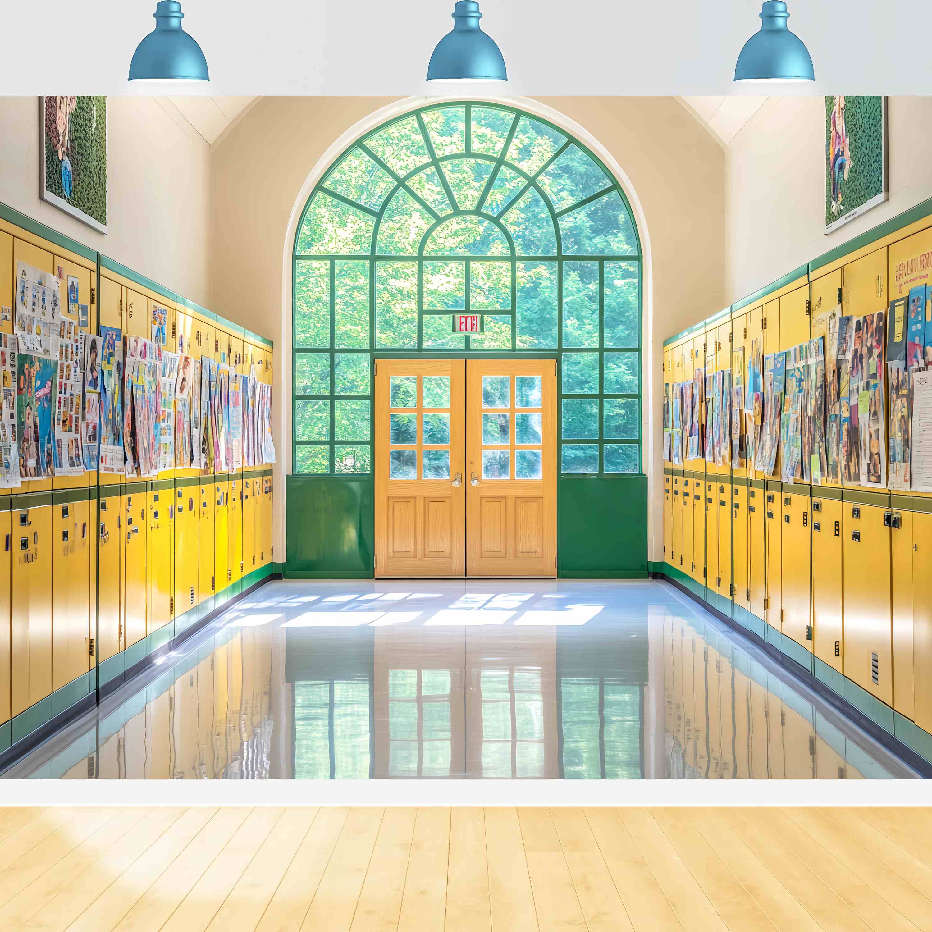 School Hallway Backdrop Yellow Green Locker Hallway Posters Back To School Backdrop LXX58-141
