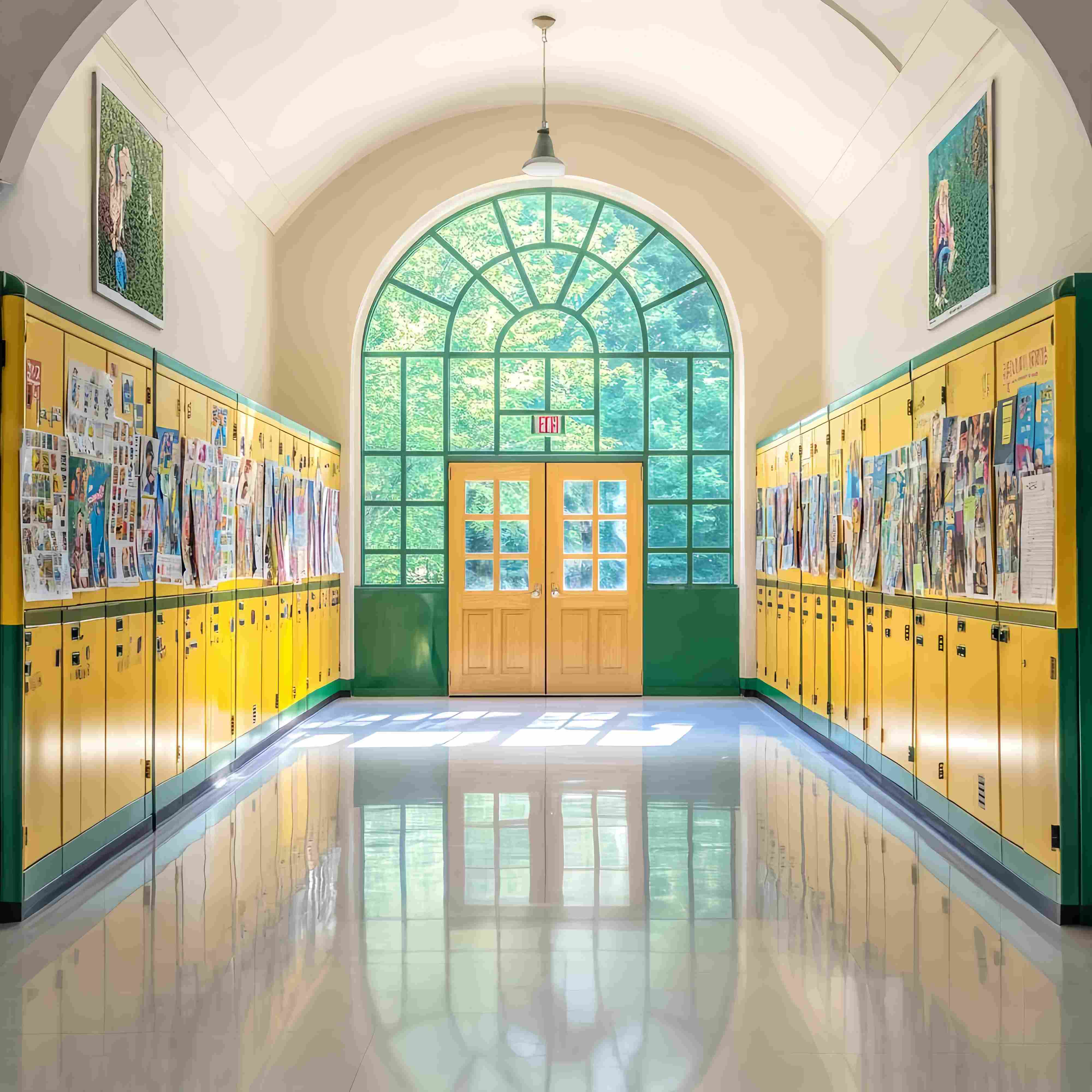 School Hallway Backdrop Yellow Green Locker Hallway Posters Back To School Backdrop LXX58-141