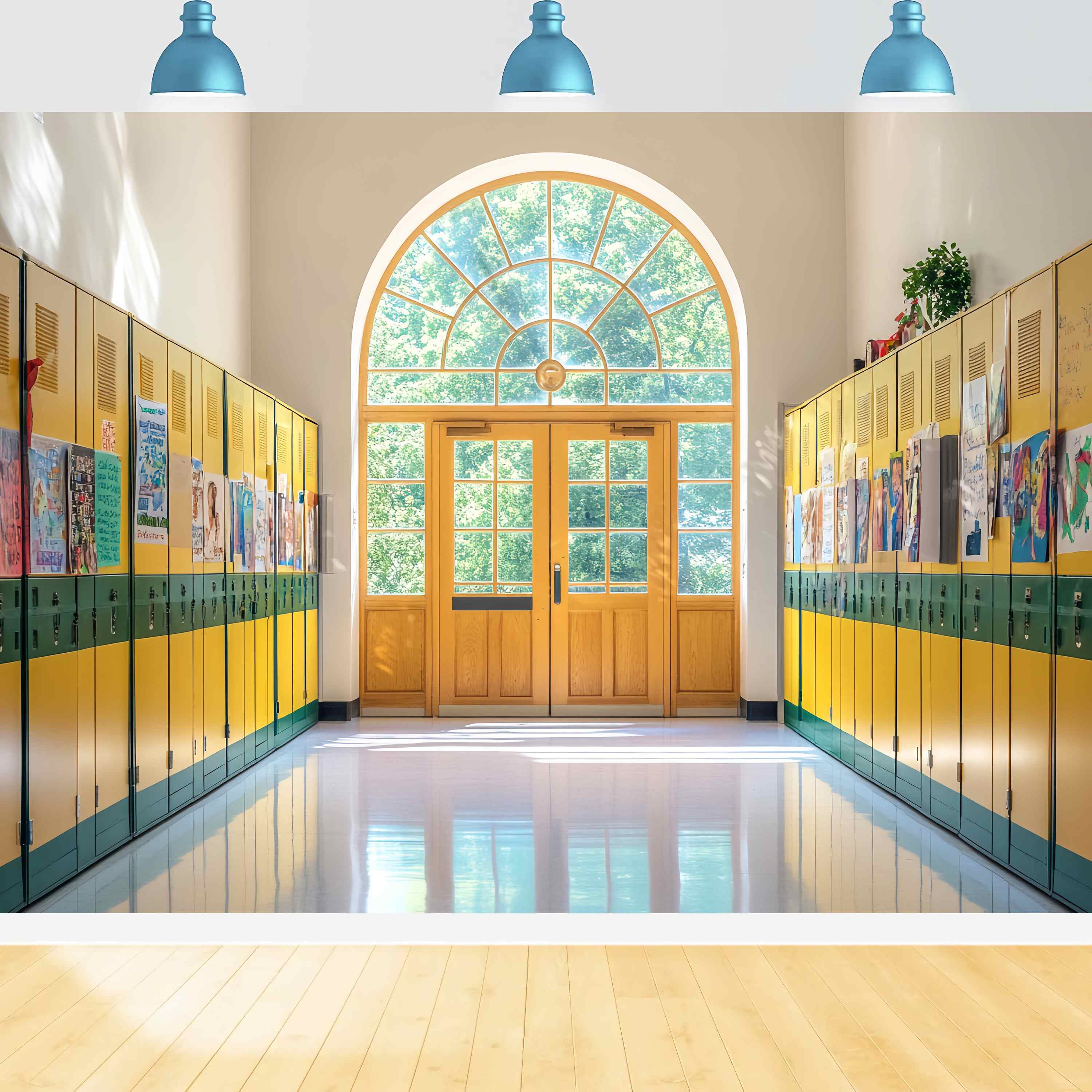 School Hallway Backdrop Yellow Green Locker Hallway Artwork Back To School Photo Backdrop LXX58-142