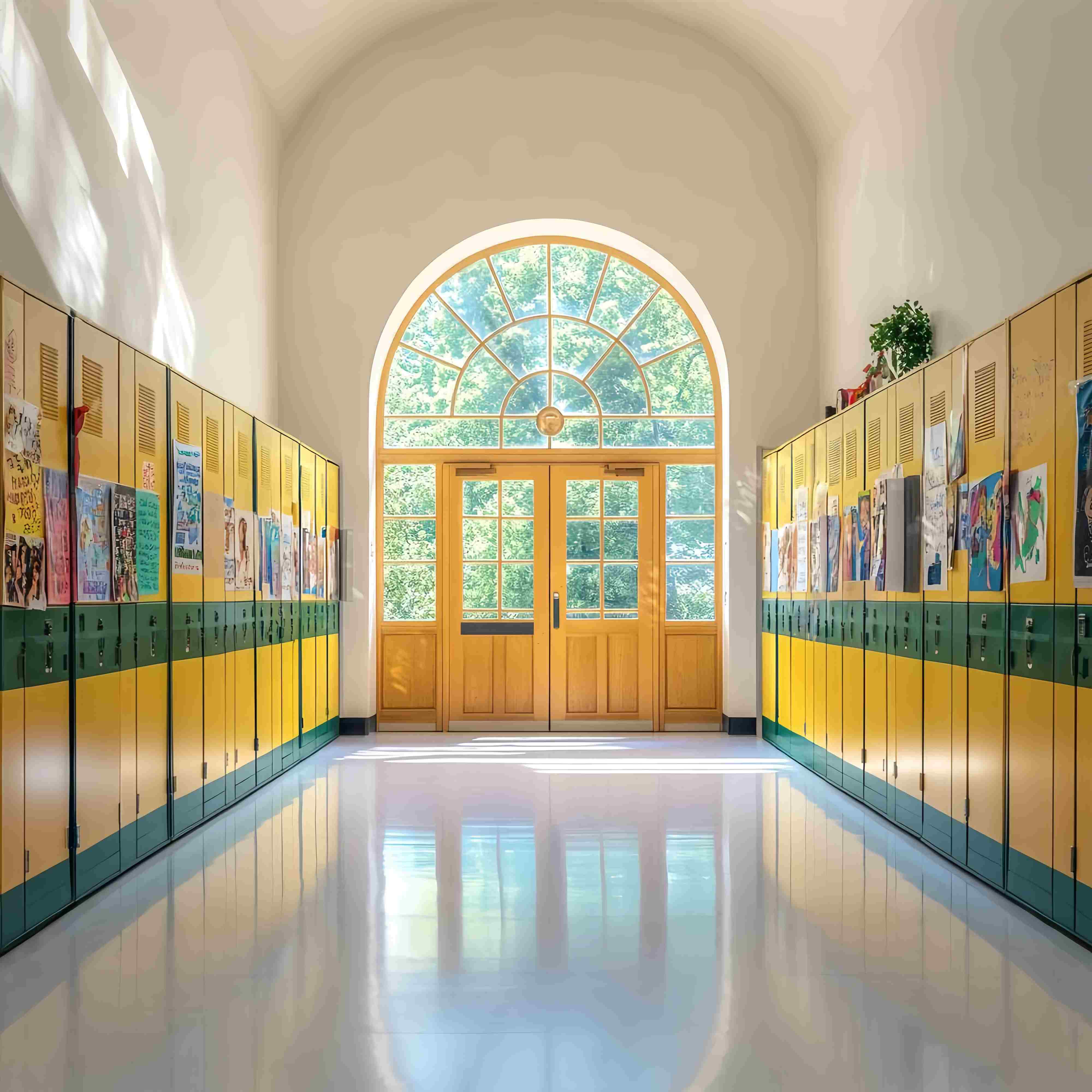 School Hallway Backdrop Yellow Green Locker Hallway Artwork Back To School Photo Backdrop LXX58-142