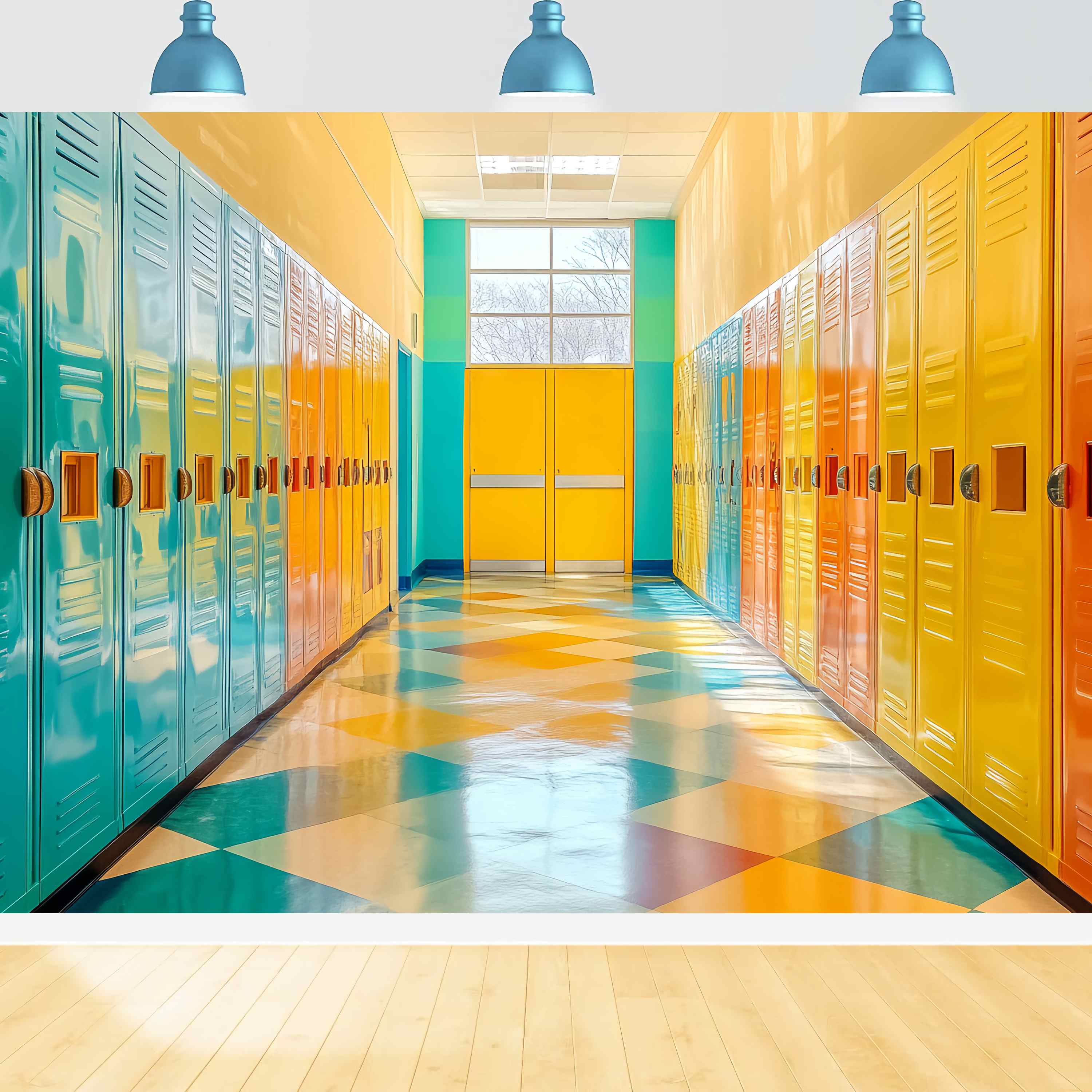 School Hallway Backdrop Vibrant Geometric Locker Corridor Back To School Backdrop LXX58-144