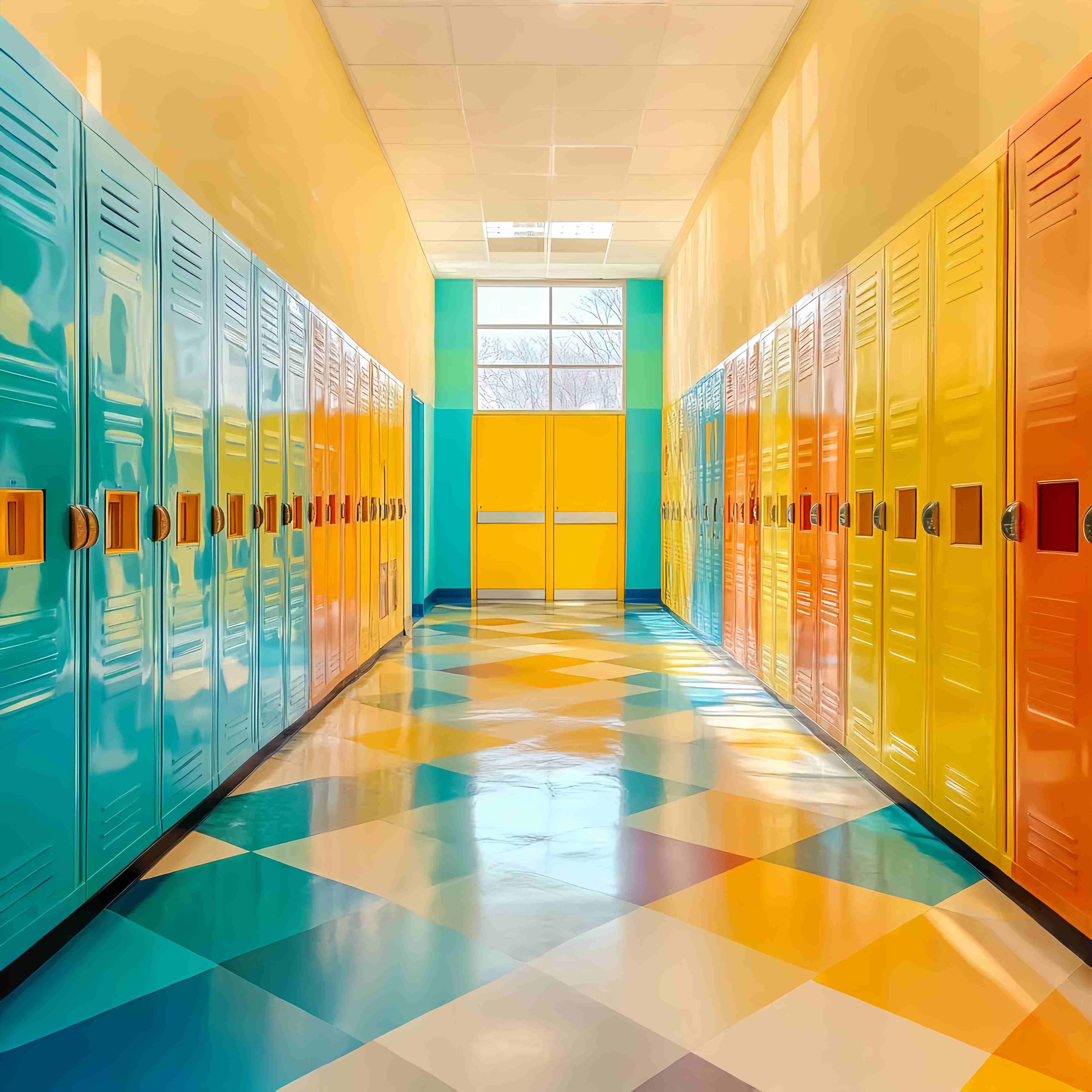 School Hallway Backdrop Vibrant Geometric Locker Corridor Back To School Backdrop LXX58-144