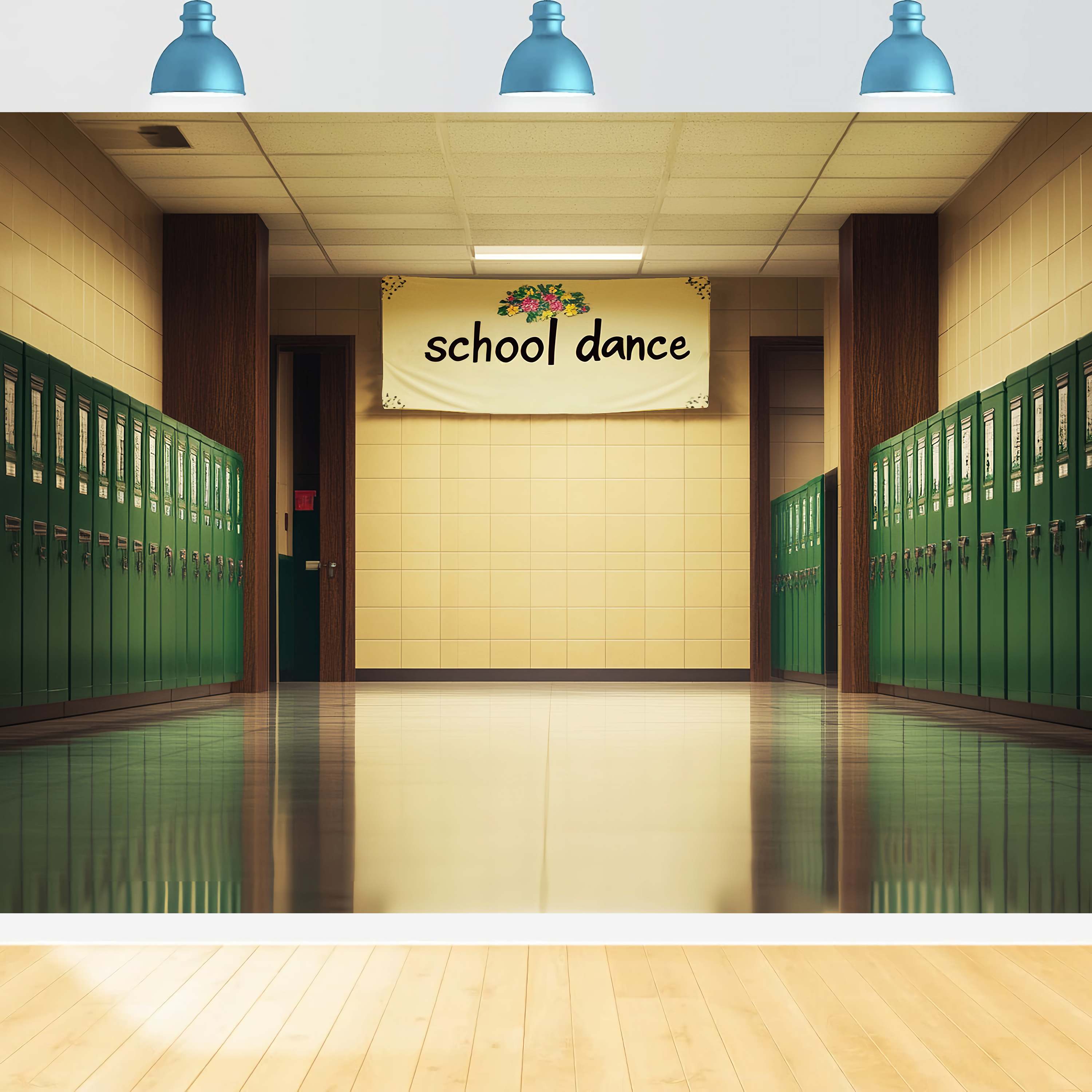 School Hallway Backdrop Green Locker Hallway Dance Banner Back To School Backdrop LXX58-145