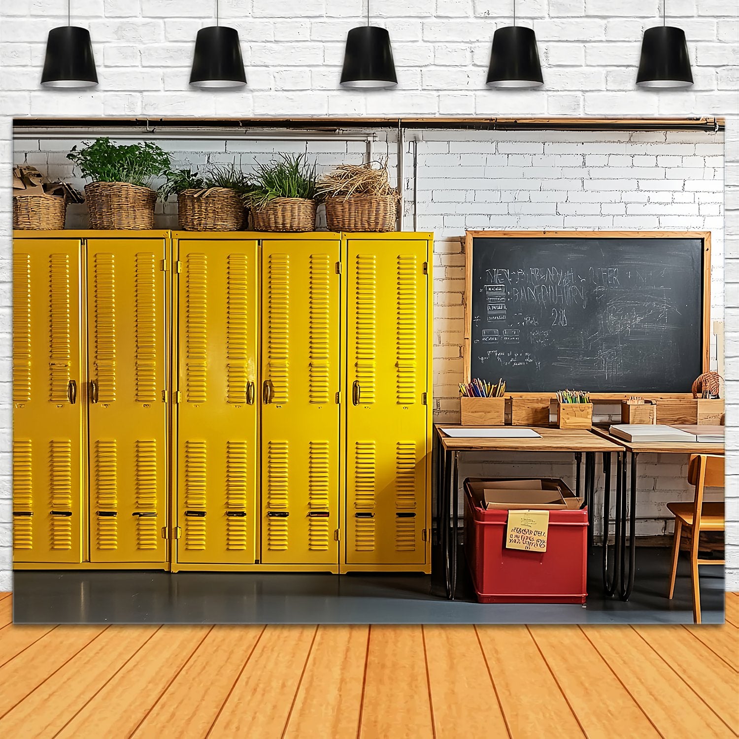 School Classroom Backdrop Yellow Lockers Chalkboard Workspace Back To School Backdrop LXX58-147