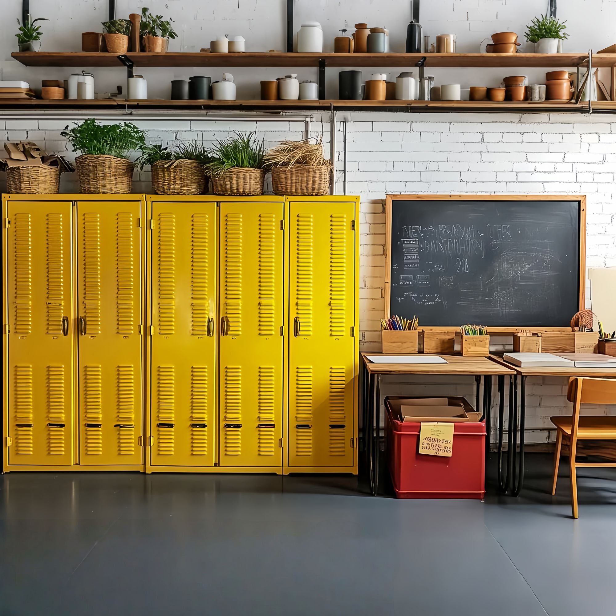 School Classroom Backdrop Yellow Lockers Chalkboard Workspace Back To School Backdrop LXX58-147