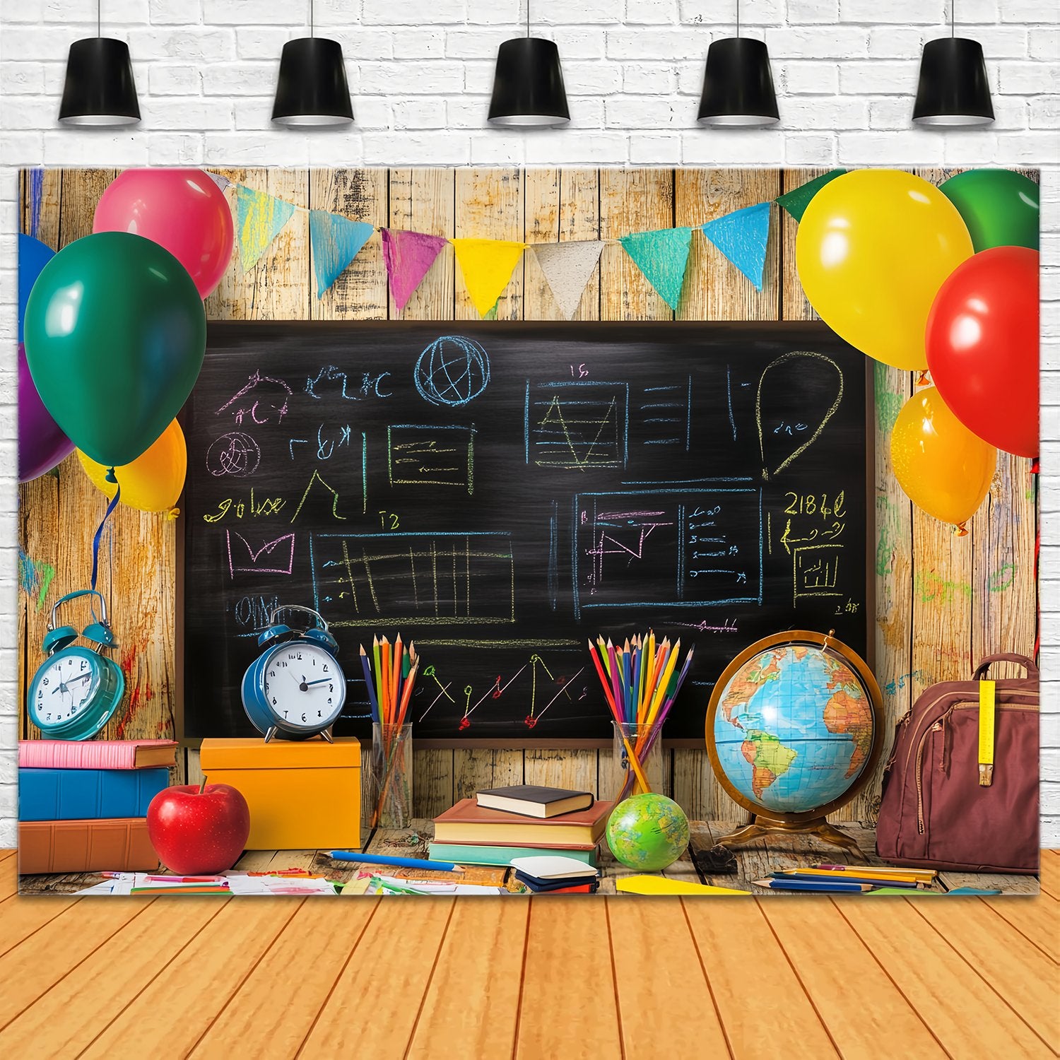 Back To School Chalkboard Backdrop Colorful Balloons Blackboard Supplies Back To School Backdrops LXX58-149