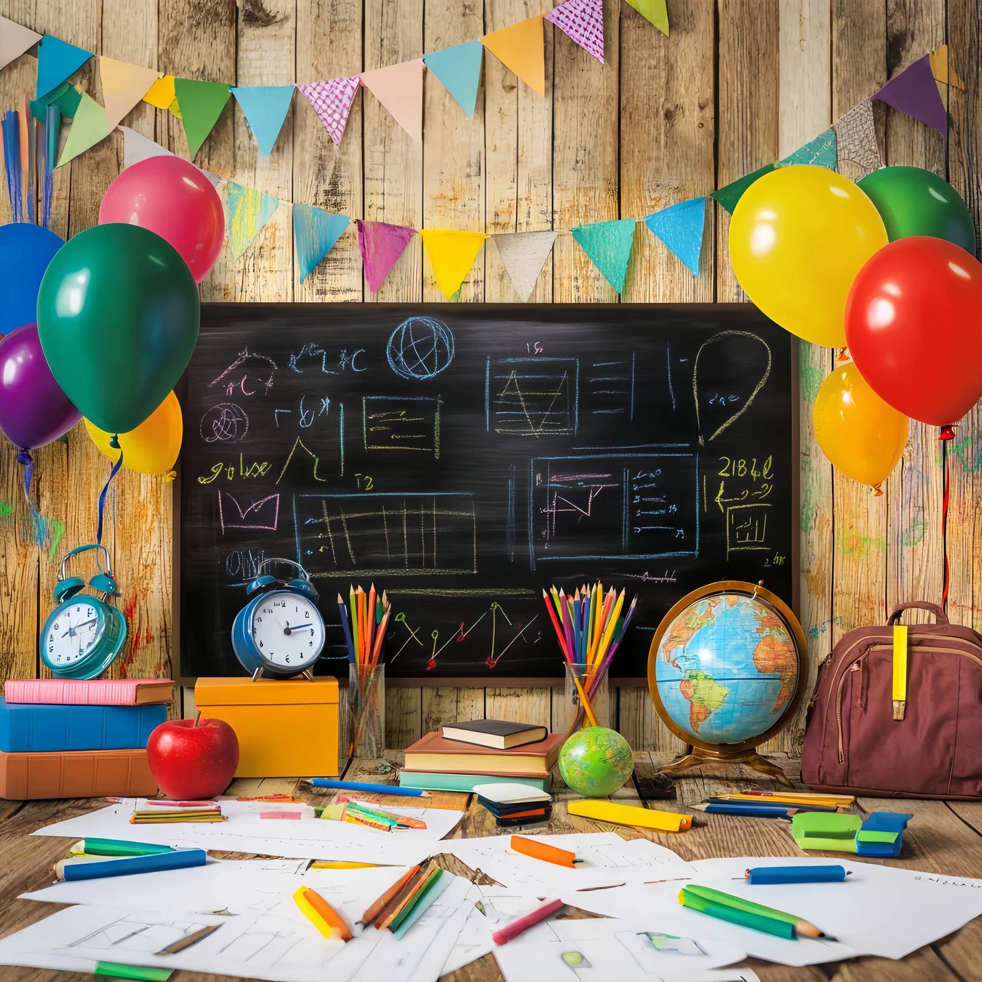Back To School Chalkboard Backdrop Colorful Balloons Blackboard Supplies Back To School Backdrops LXX58-149