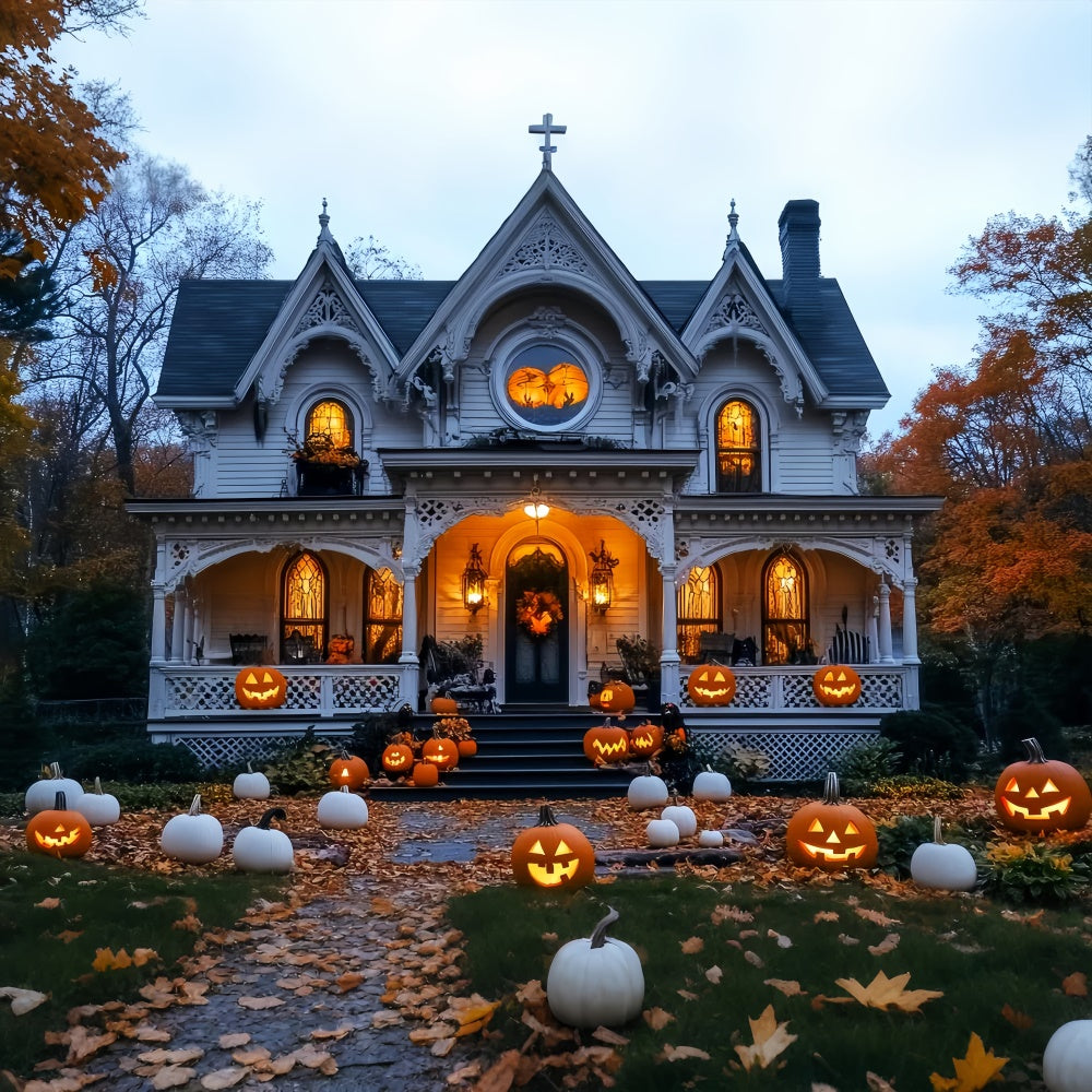 Haunted House Backdrop Pumpkin White Manor Backdrop LXX58-17