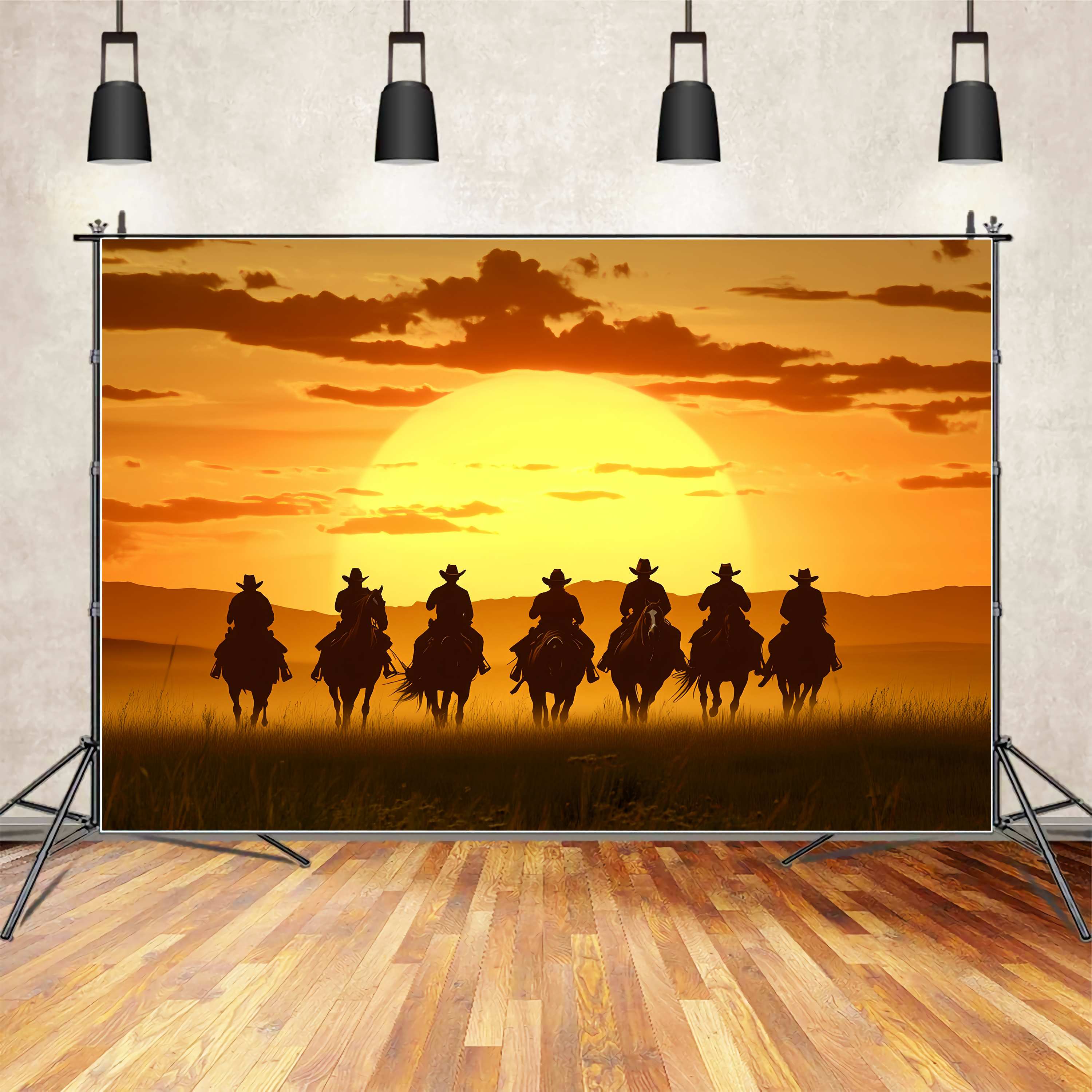 Autumn Backdrop Riders Silhouettes Golden Horizon Cowboy Backdrop LXX58-187