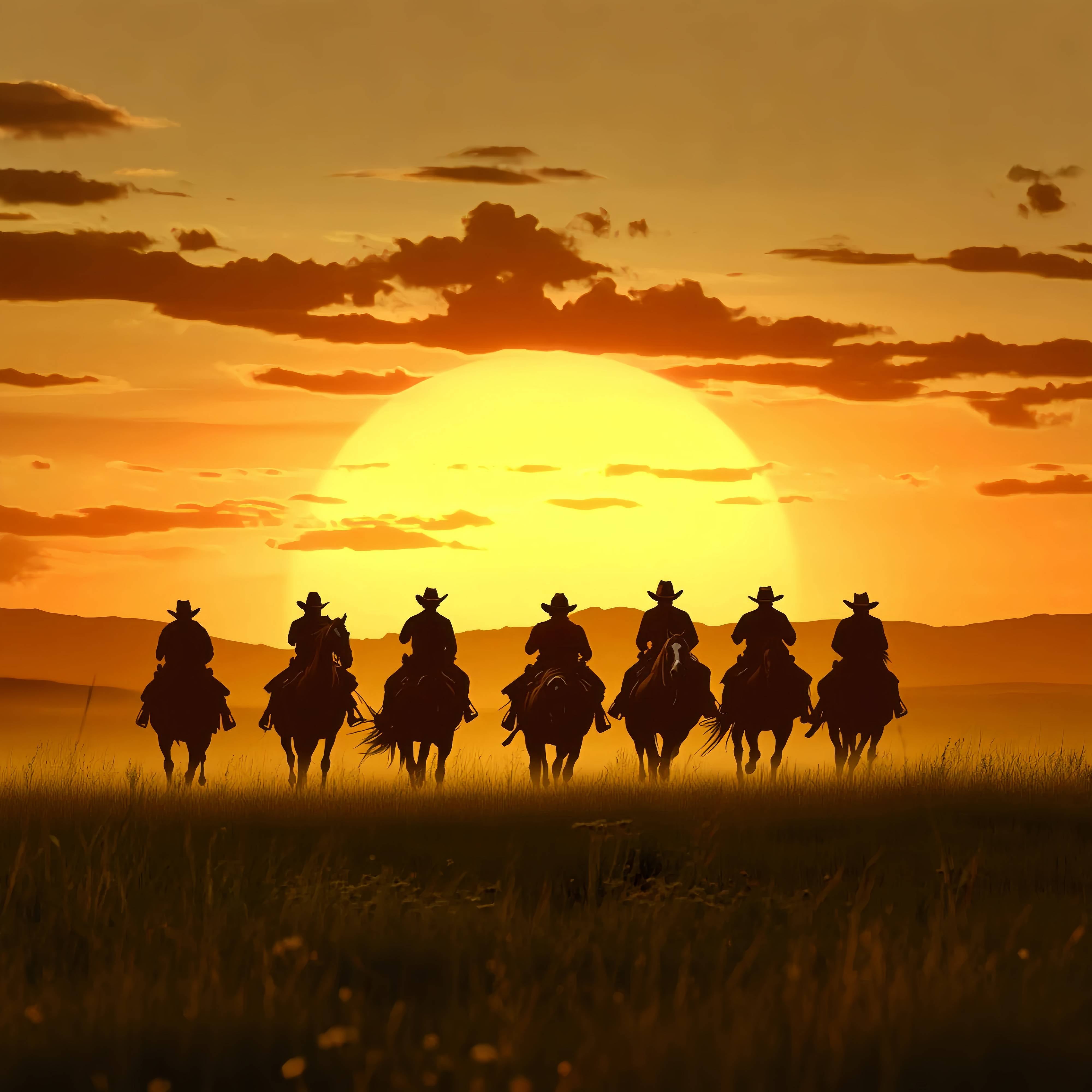 Autumn Backdrop Riders Silhouettes Golden Horizon Cowboy Backdrop LXX58-187