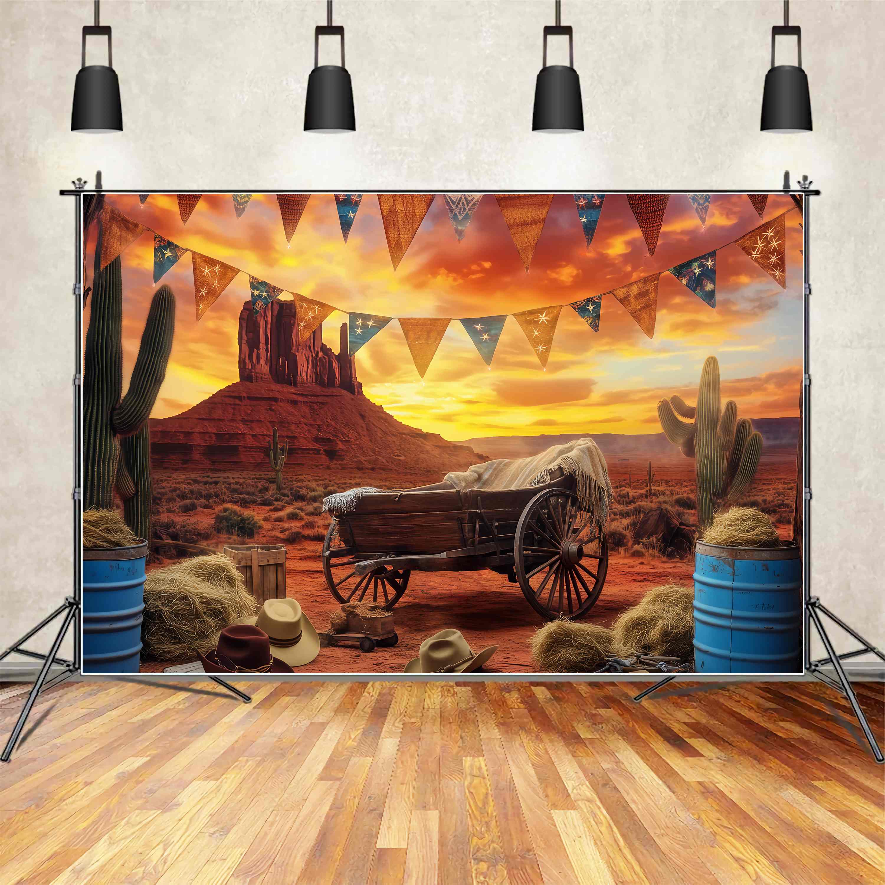 Fall Backdrops Sunset Desert Wagon Cactus Western Backdrop LXX58-190