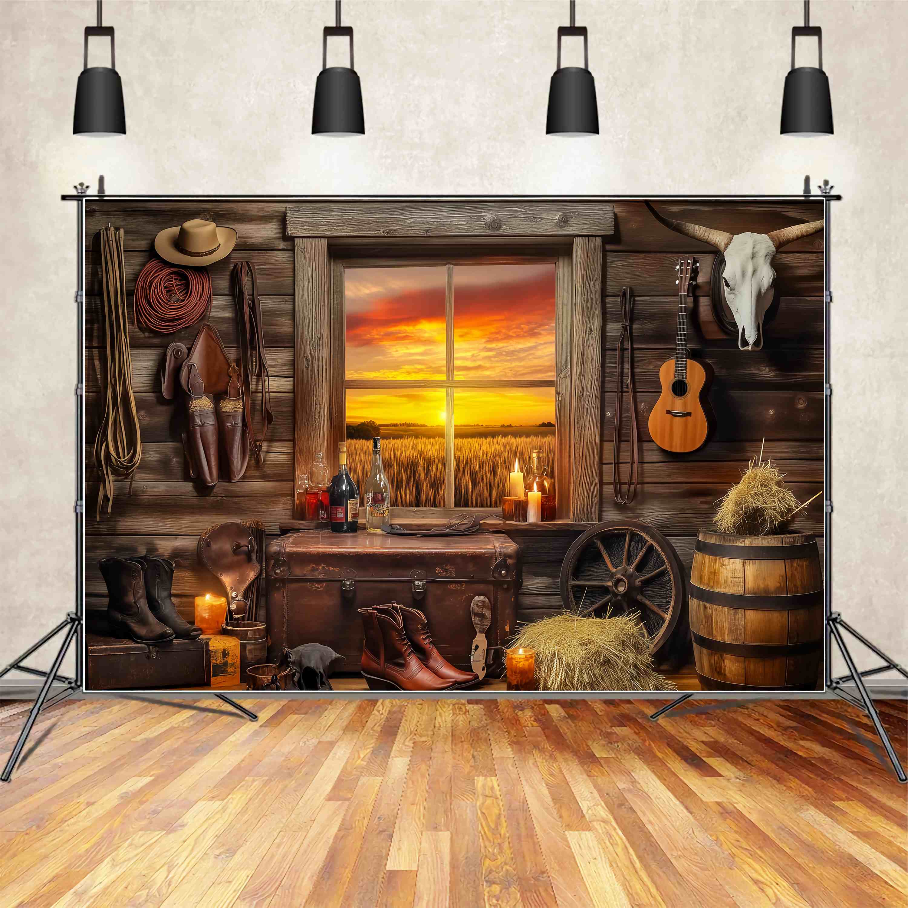 Fall Photo Backdrop Rustic Cabin Sunset Window Cowboy Backdrop LXX58-191