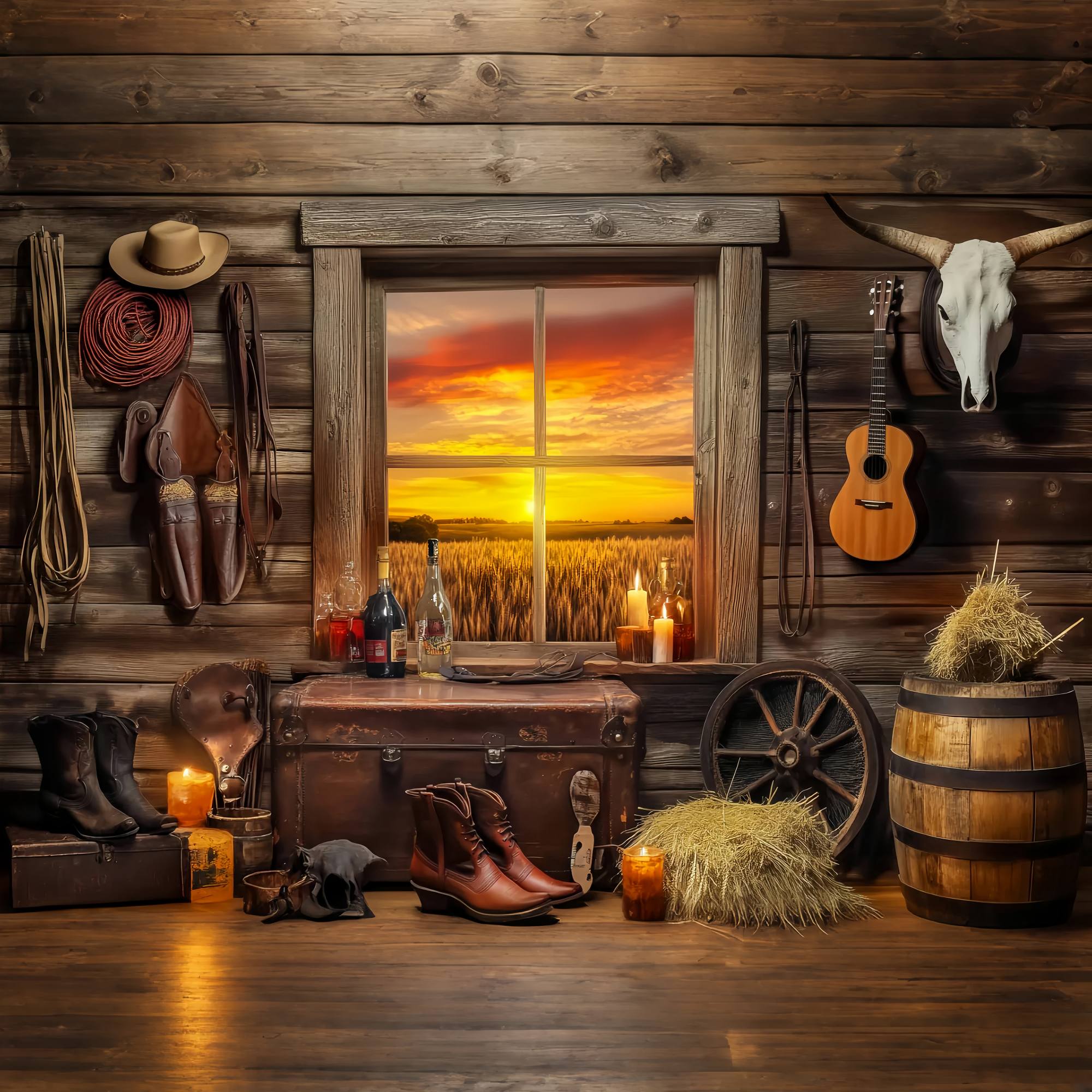 Fall Photo Backdrop Rustic Cabin Sunset Window Cowboy Backdrop LXX58-191