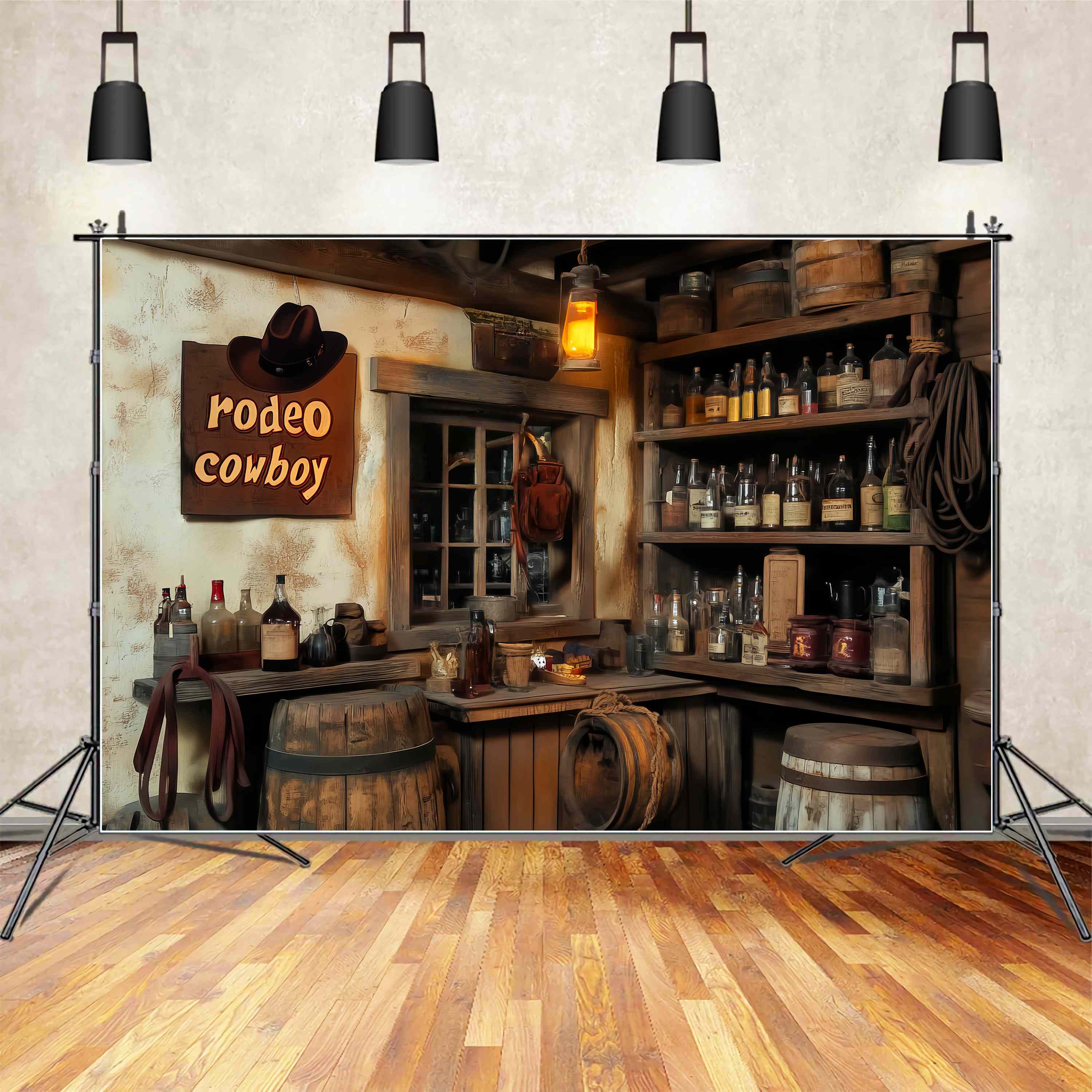 Fall Photo Backdrop Vintage Saloon Bottles Lantern Cowboy Backdrop LXX58-193