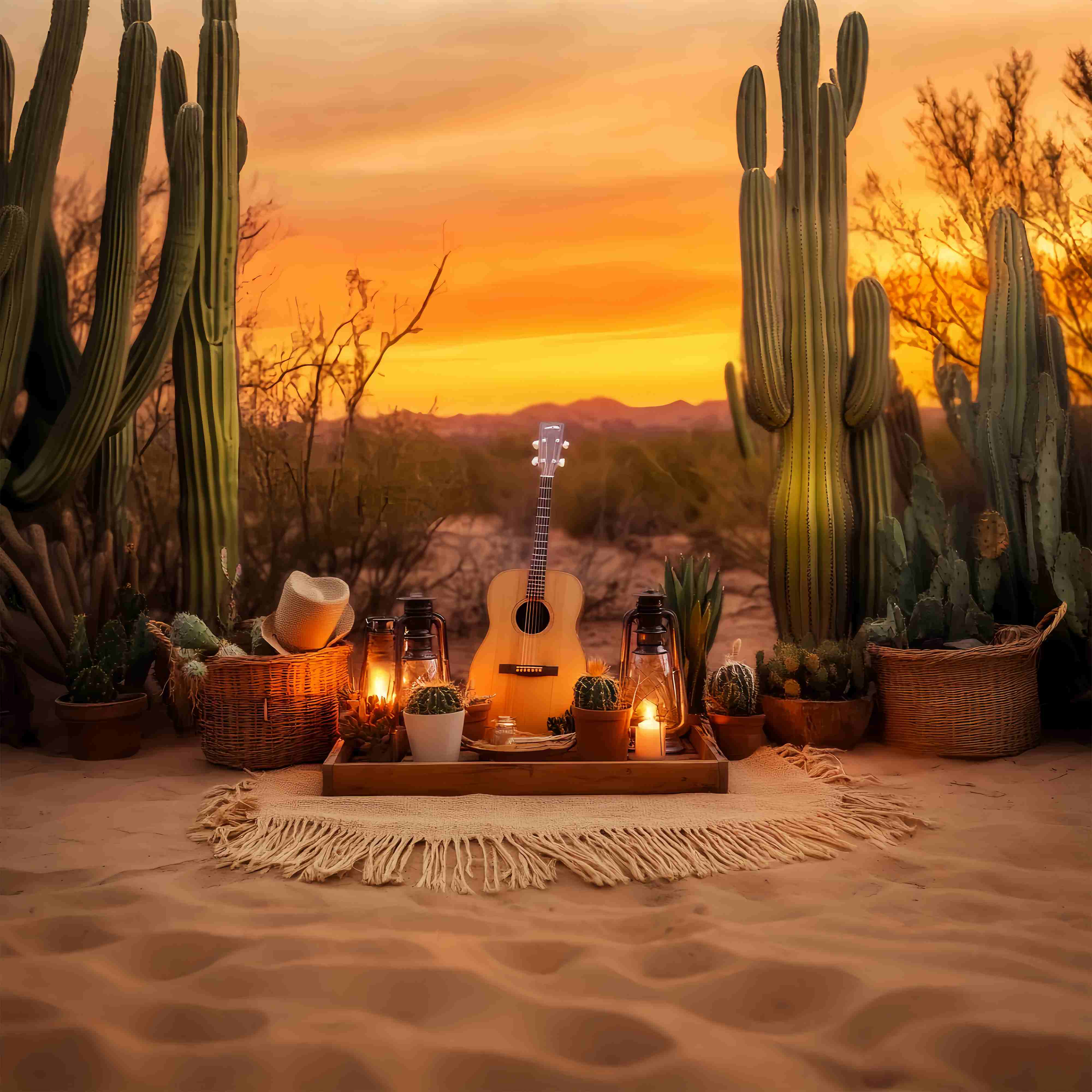 Fall Photo Backdrop Sunset Cactus Picnic Arrangement Cowboy Backdrop LXX58-194