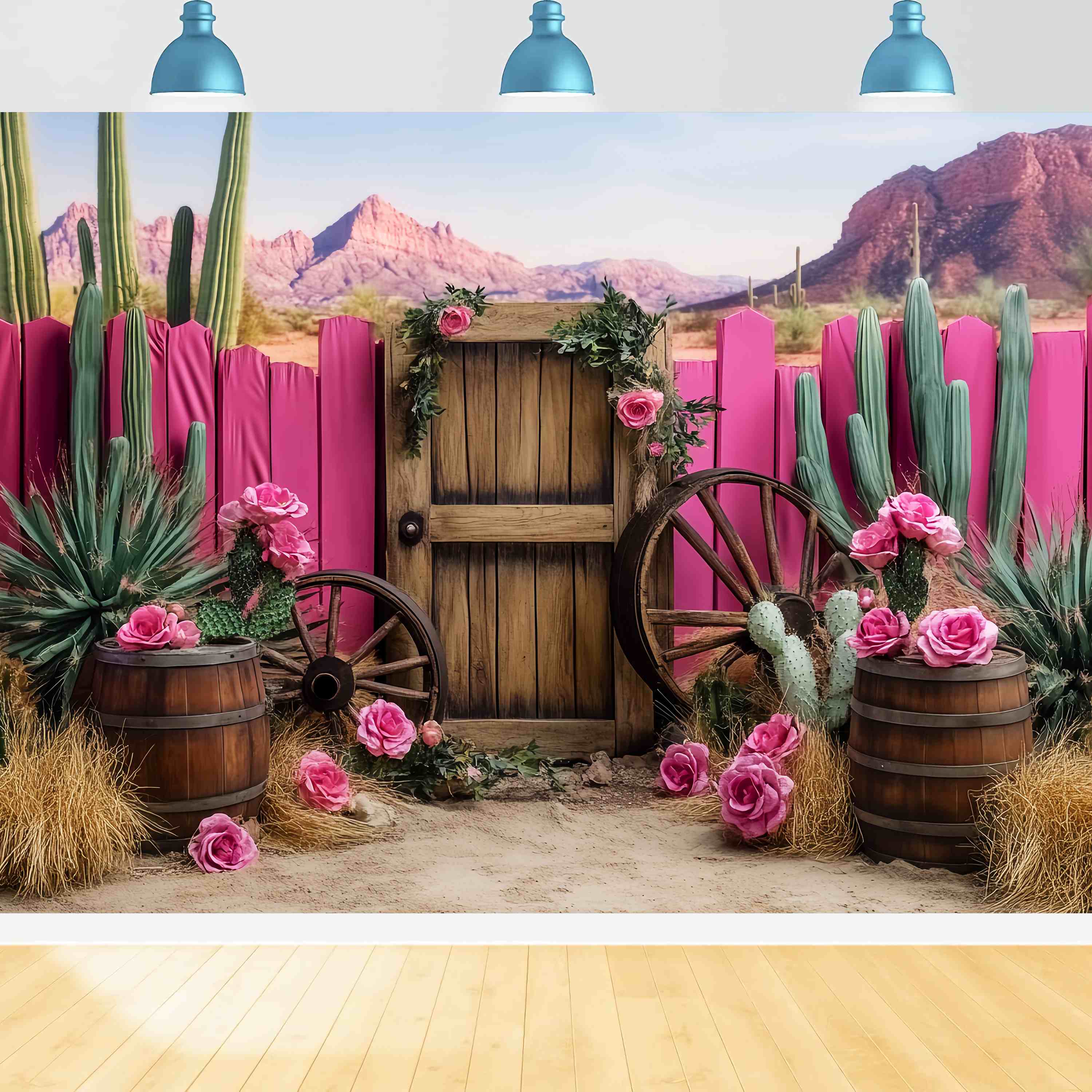 Fall Backdrop Pink Cactus Wagon Wheel Decor Western Backdrop LXX58-198