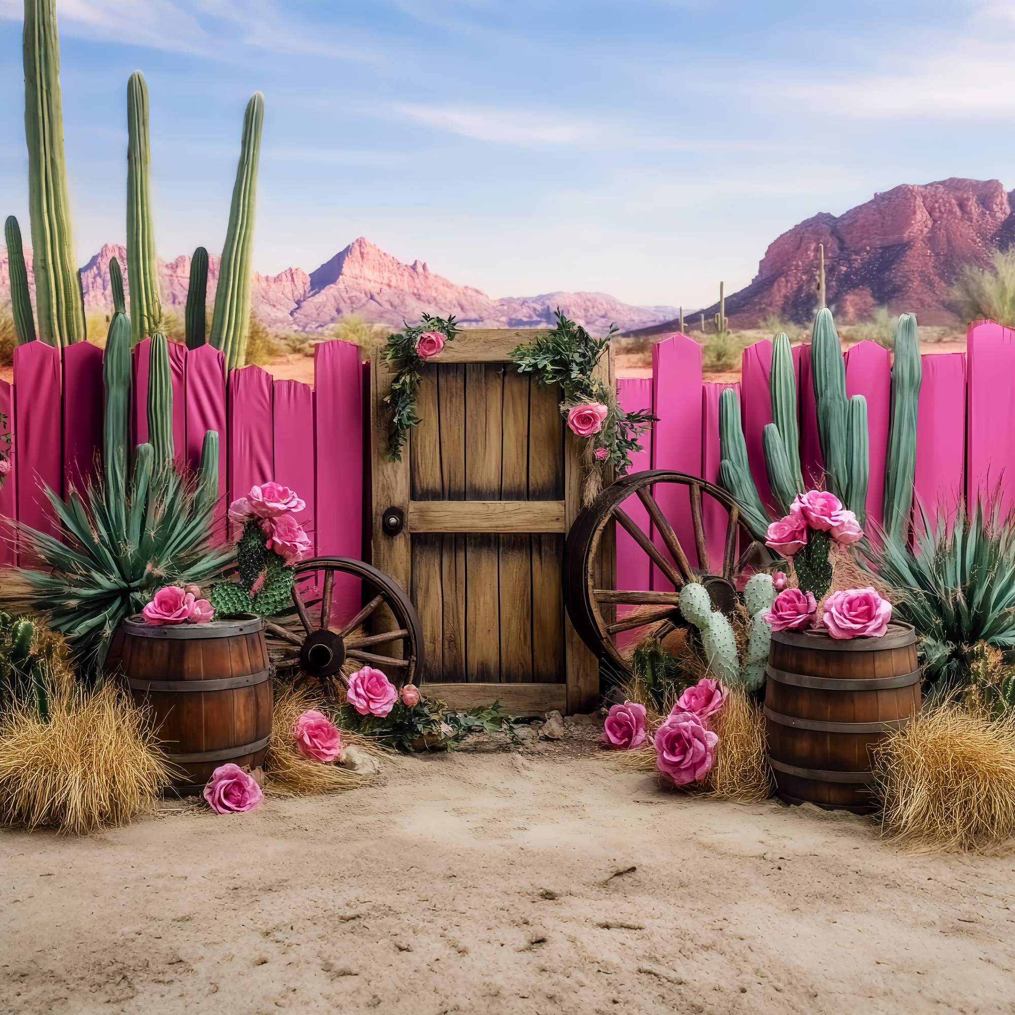 Fall Backdrop Pink Cactus Wagon Wheel Decor Western Backdrop LXX58-198