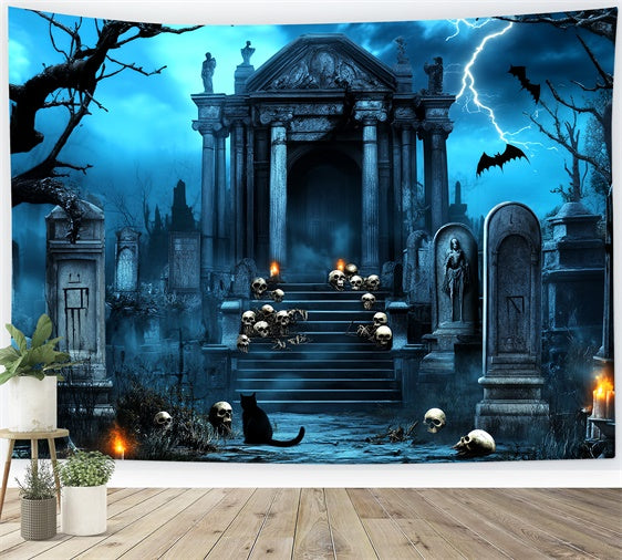 Halloween Graveyard Backdrop Lightning Skull Crypt Backdrop LXX58-20