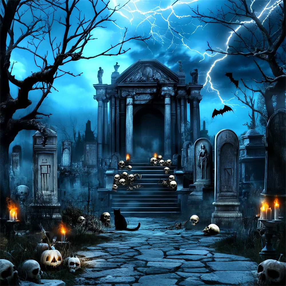 Halloween Graveyard Backdrop Lightning Skull Crypt Backdrop LXX58-20