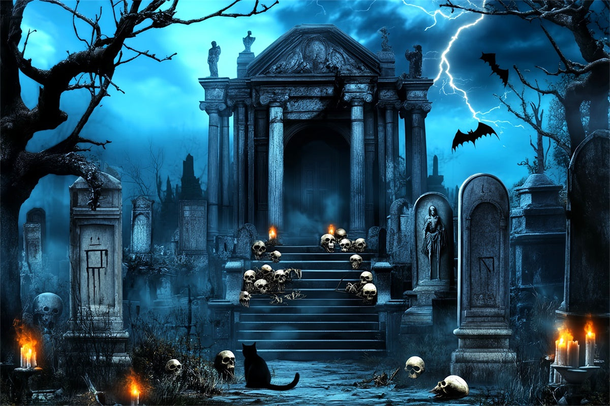 Halloween Graveyard Backdrop Lightning Skull Crypt Backdrop LXX58-20