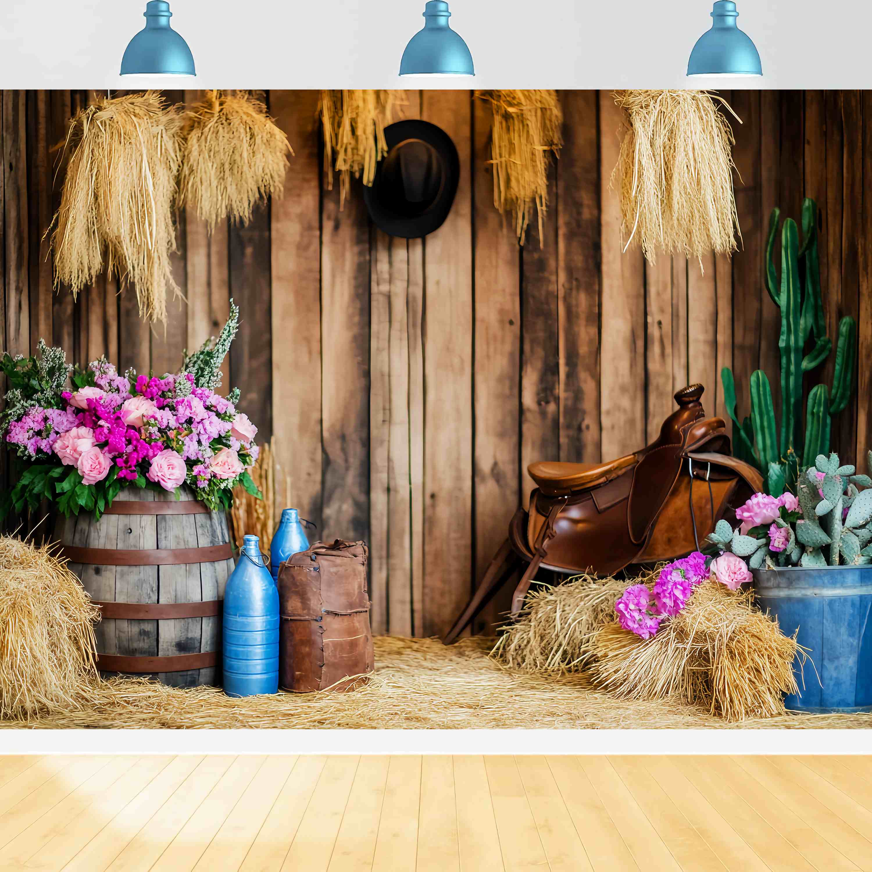 Fall Backdrop Rustic Barrel Flowers Hay Bales Cowboy Backdrop LXX58-206