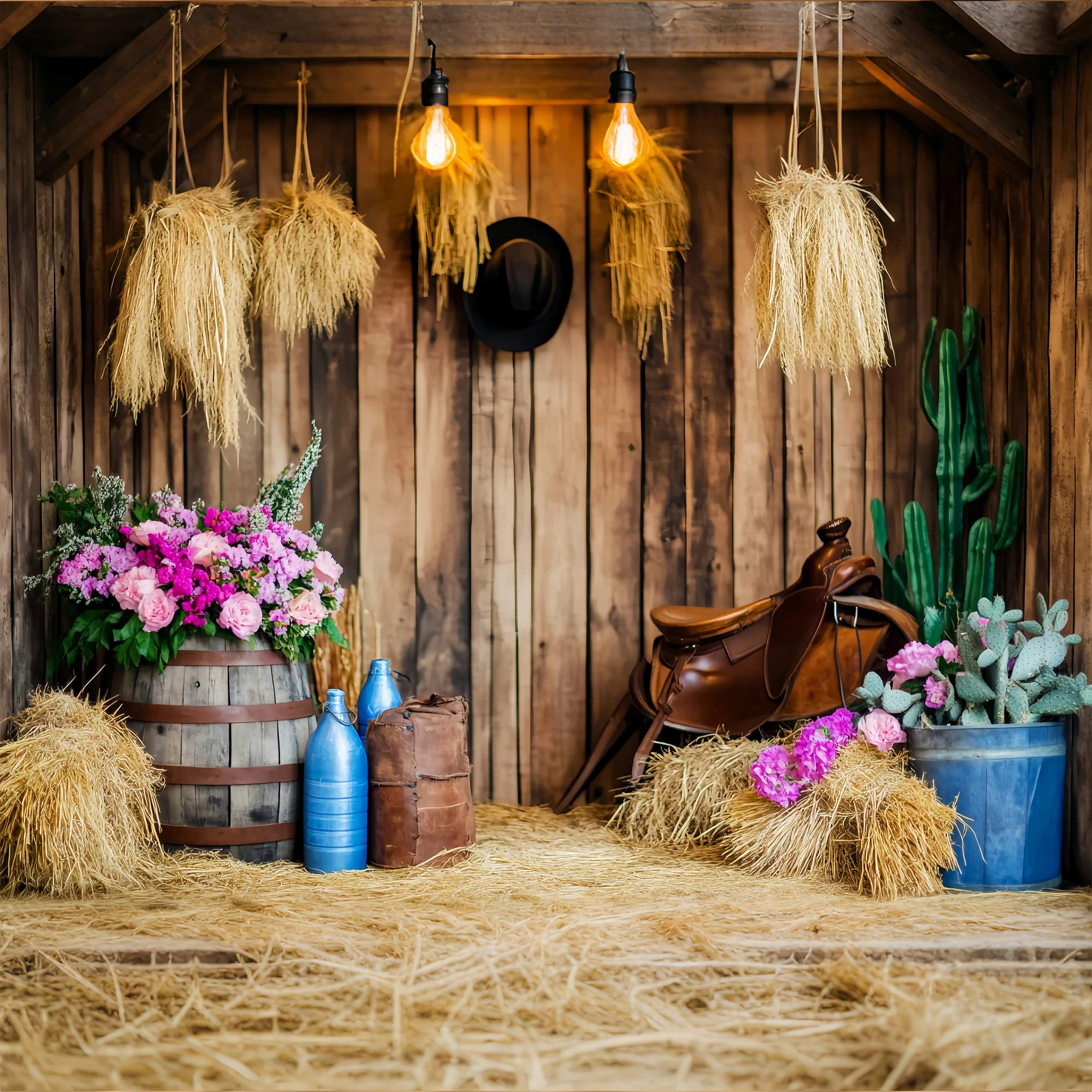 Fall Backdrop Rustic Barrel Flowers Hay Bales Cowboy Backdrop LXX58-206