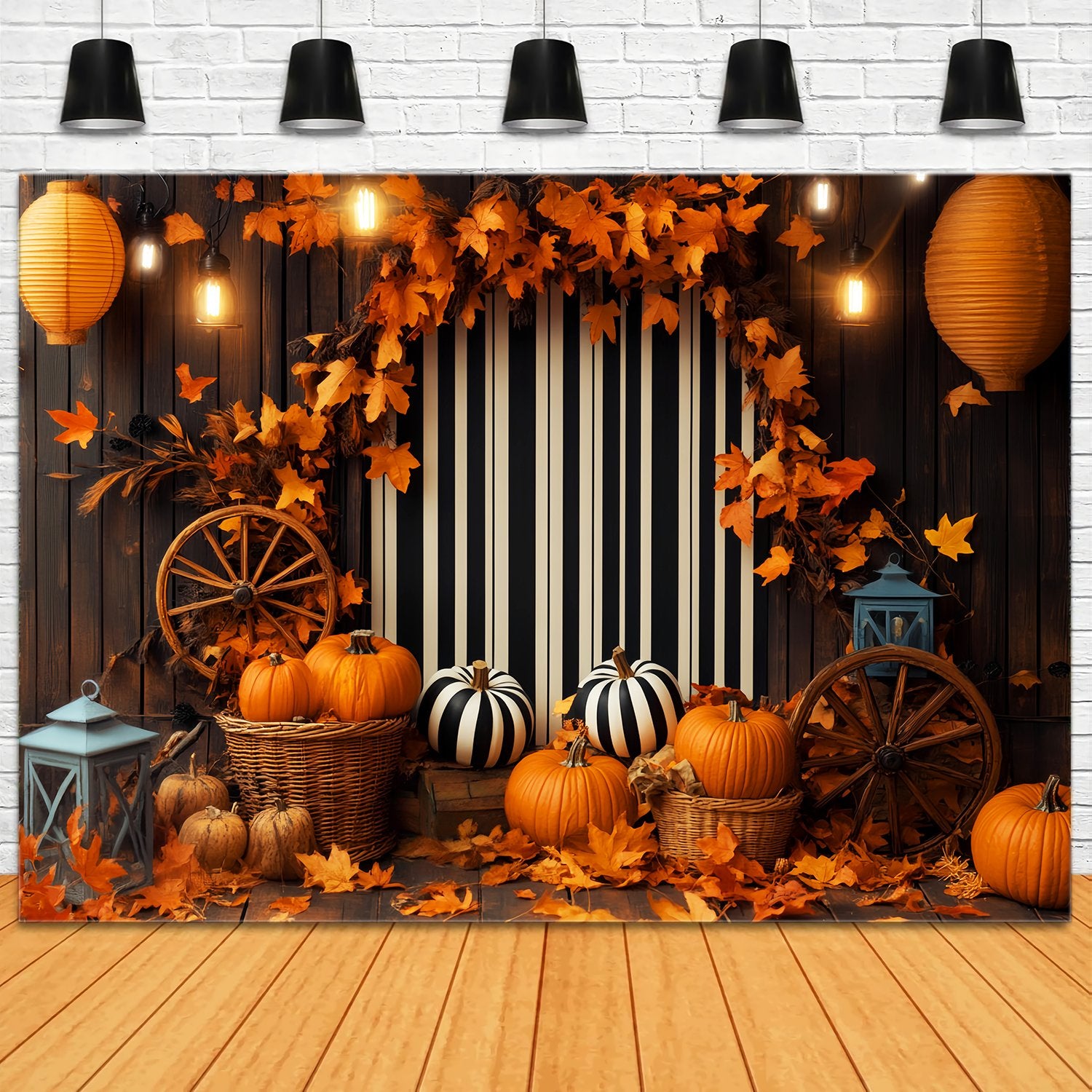 Fall Backdrops Striped Backdrop Pumpkin Lantern Display Thanksgiving Backdrop LXX58-211