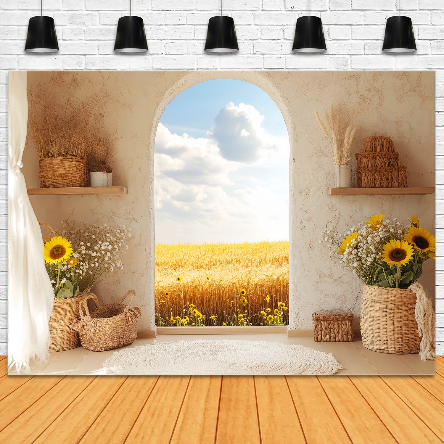 Autumn Backdrops Sunflower Basket Golden Wheat View Boho Backdrop LXX58-213