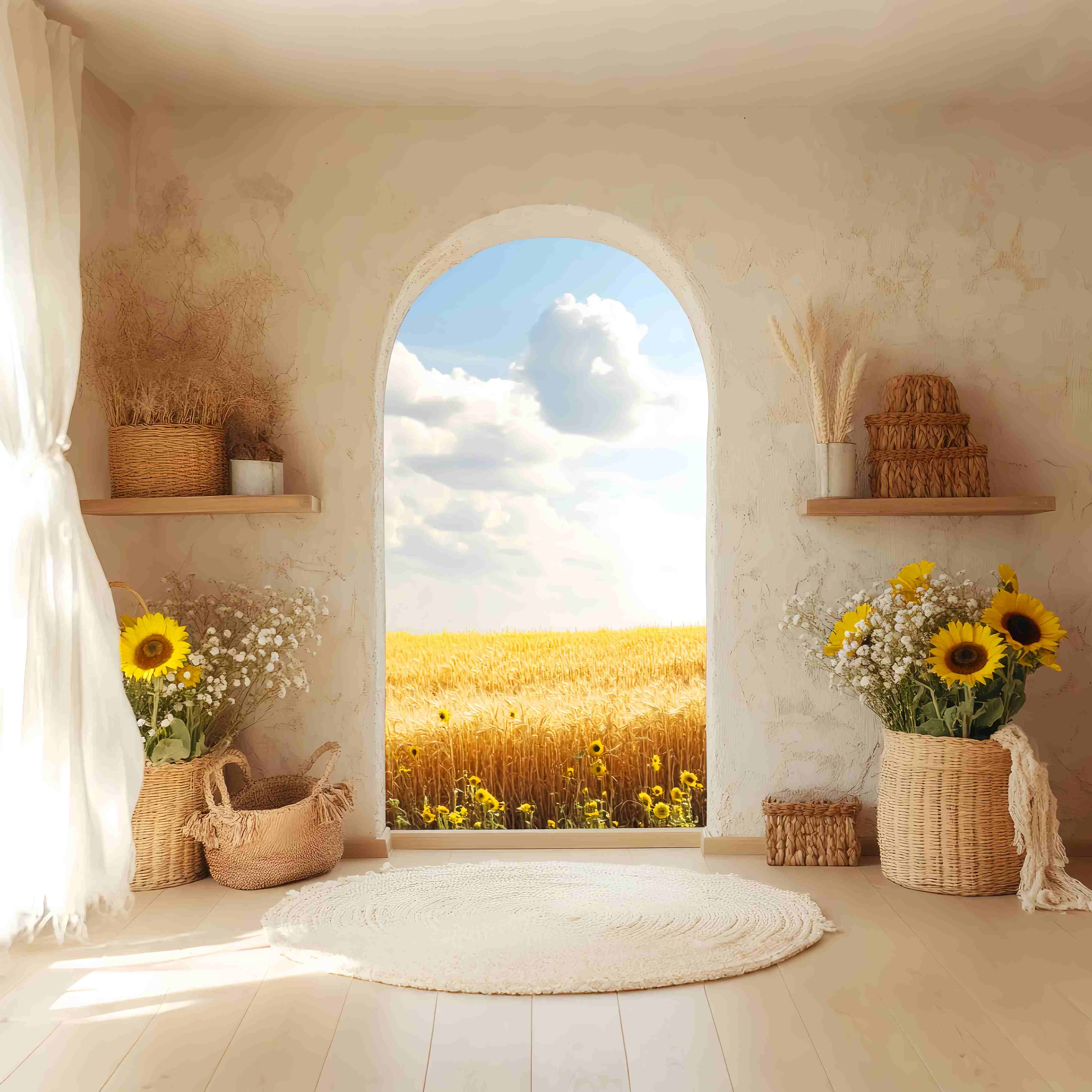 Autumn Backdrops Sunflower Basket Golden Wheat View Boho Backdrop LXX58-213