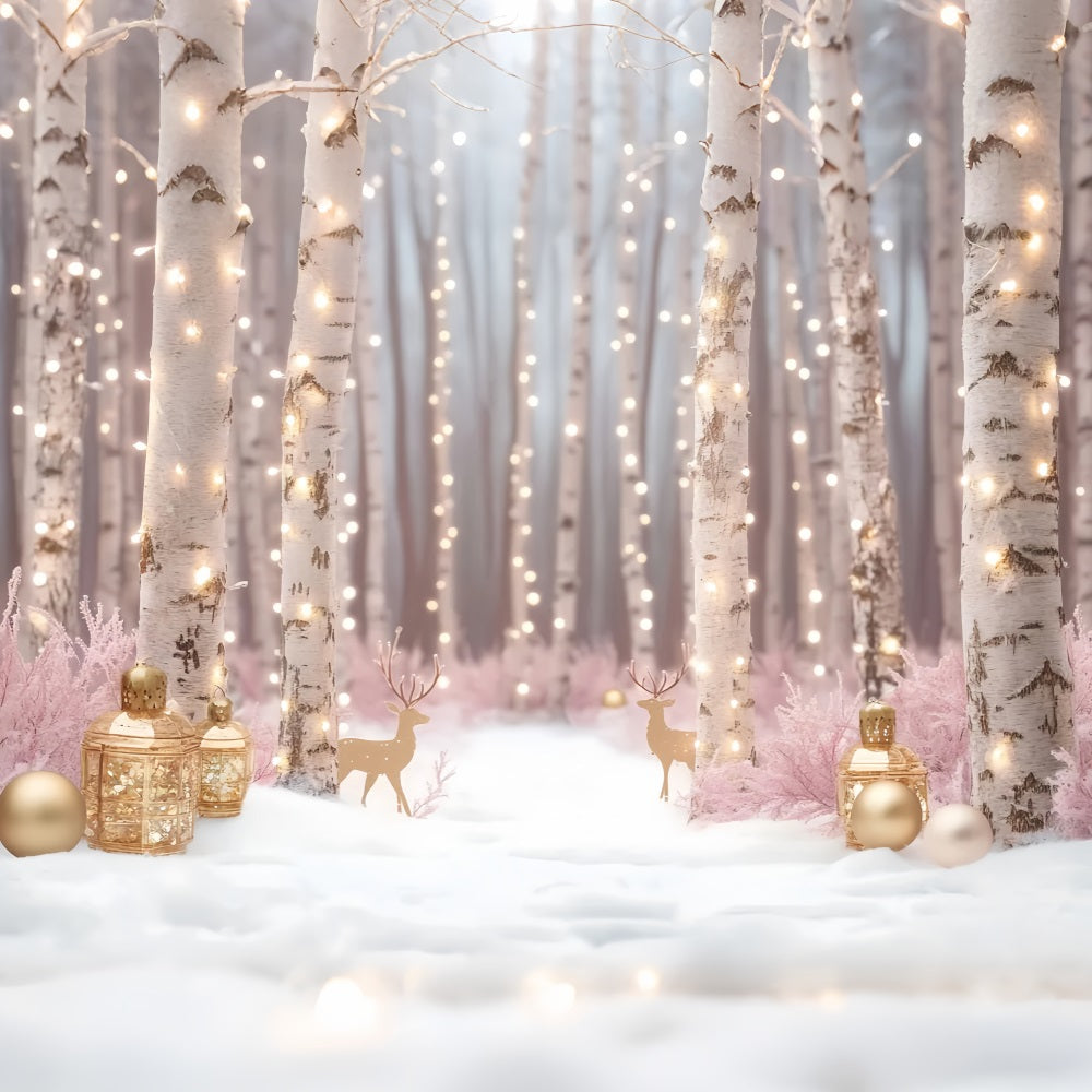 Winter Wonderland Backdrop Birch Forest Golden Lights Winter Photo Backdrop LXX58-229