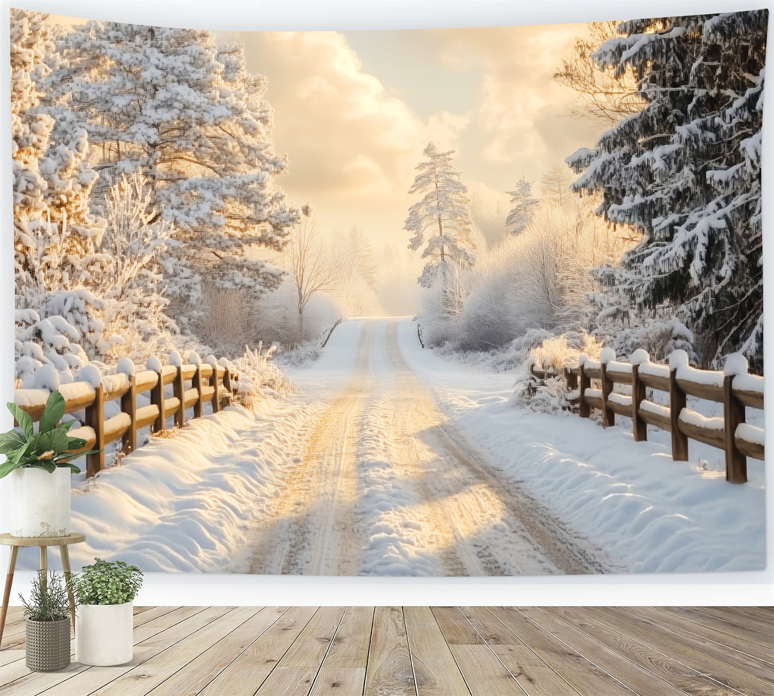 Winter Wonderland Backdrop Golden Sunrise Snowy Path Winter Scene Backdrop LXX58-232
