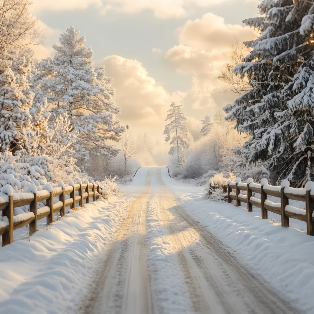 Winter Wonderland Backdrop Golden Sunrise Snowy Path Winter Scene Backdrop LXX58-232