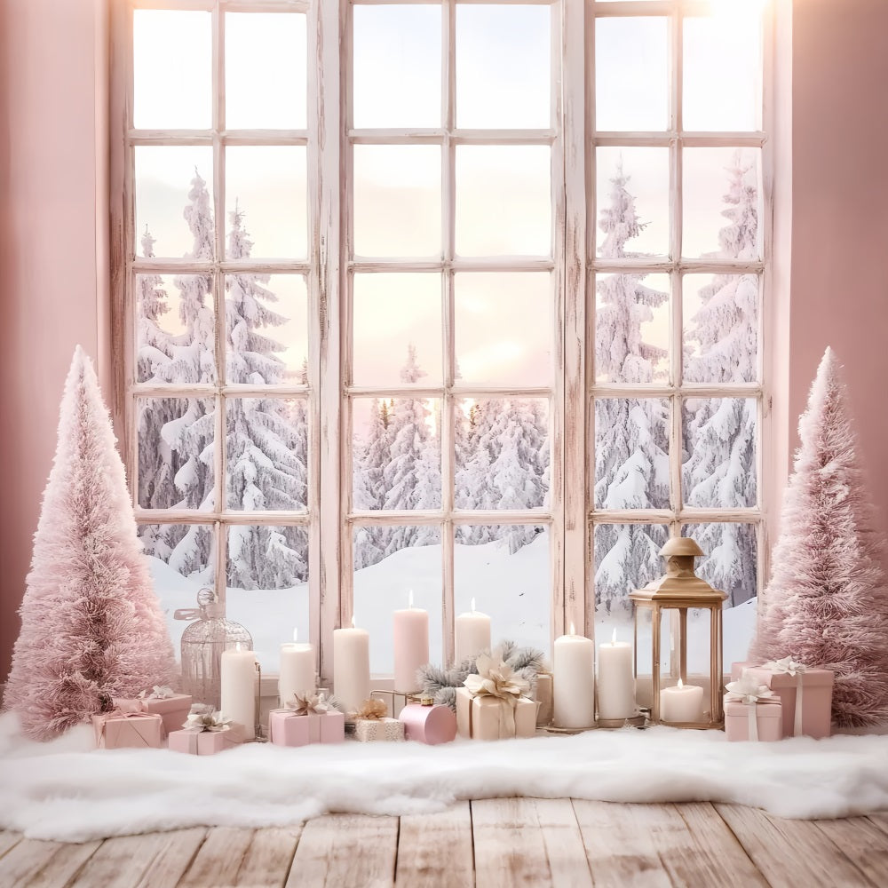 Winter Window Backdrop Pink Candlelight Frosted Window Winter Backdrop LXX58-234