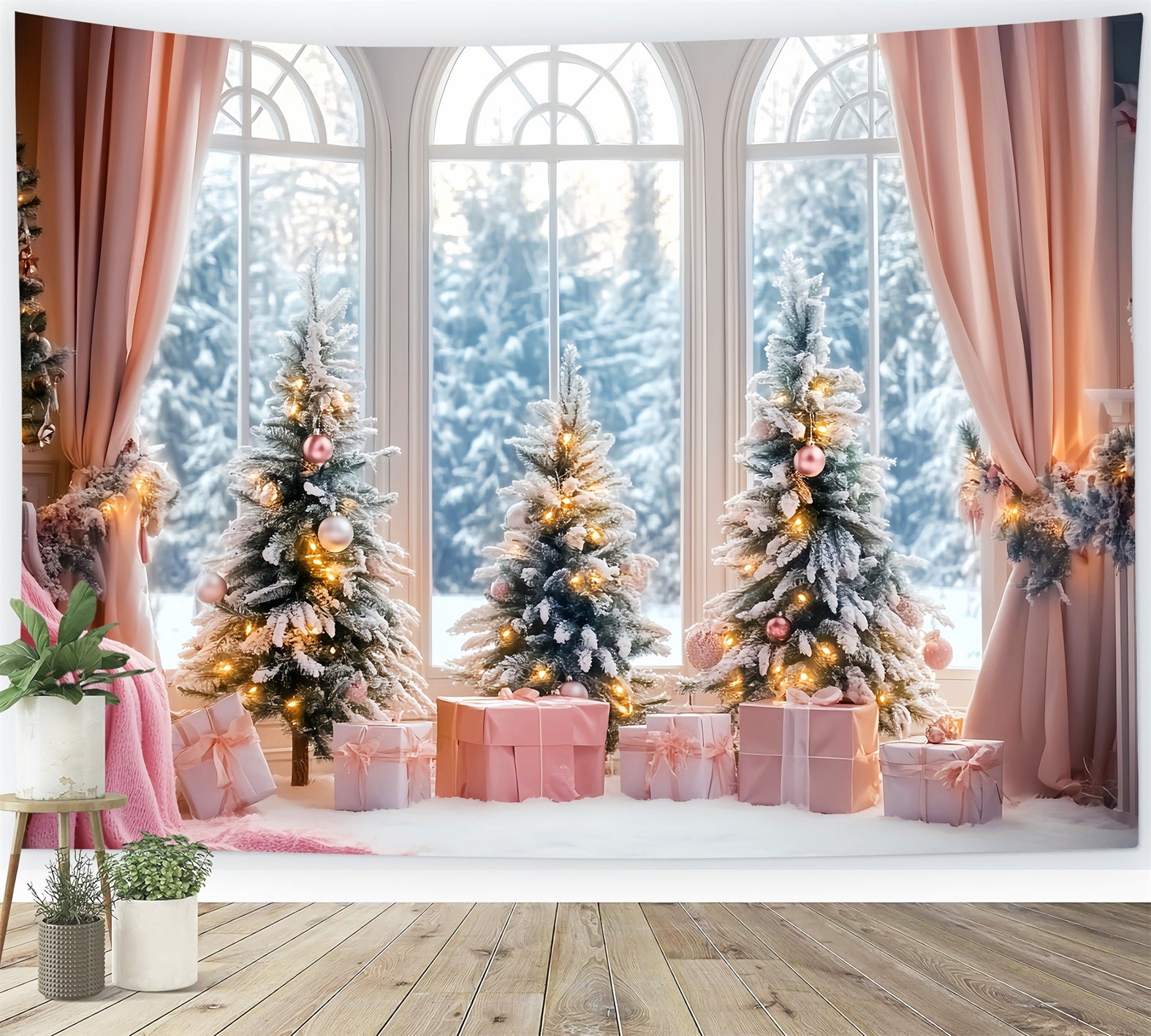 Winter Window Backdrop Pink Gift Frosted Christmas Trees Winter Backdrops LXX58-236