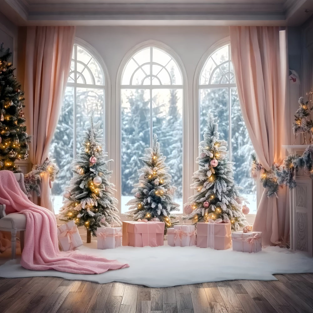 Winter Window Backdrop Pink Gift Frosted Christmas Trees Winter Backdrops LXX58-236